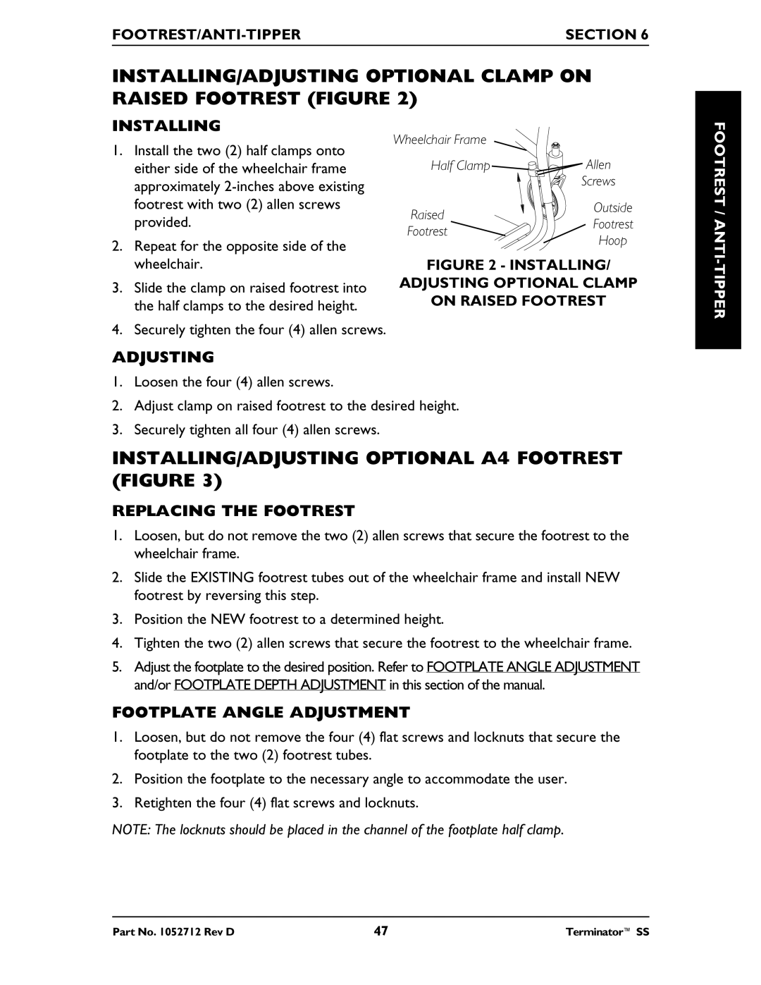 Invacare TerminatorTM SS INSTALLING/ADJUSTING Optional A4 Footrest Figure, Installing, Adjusting, Replacing the Footrest 