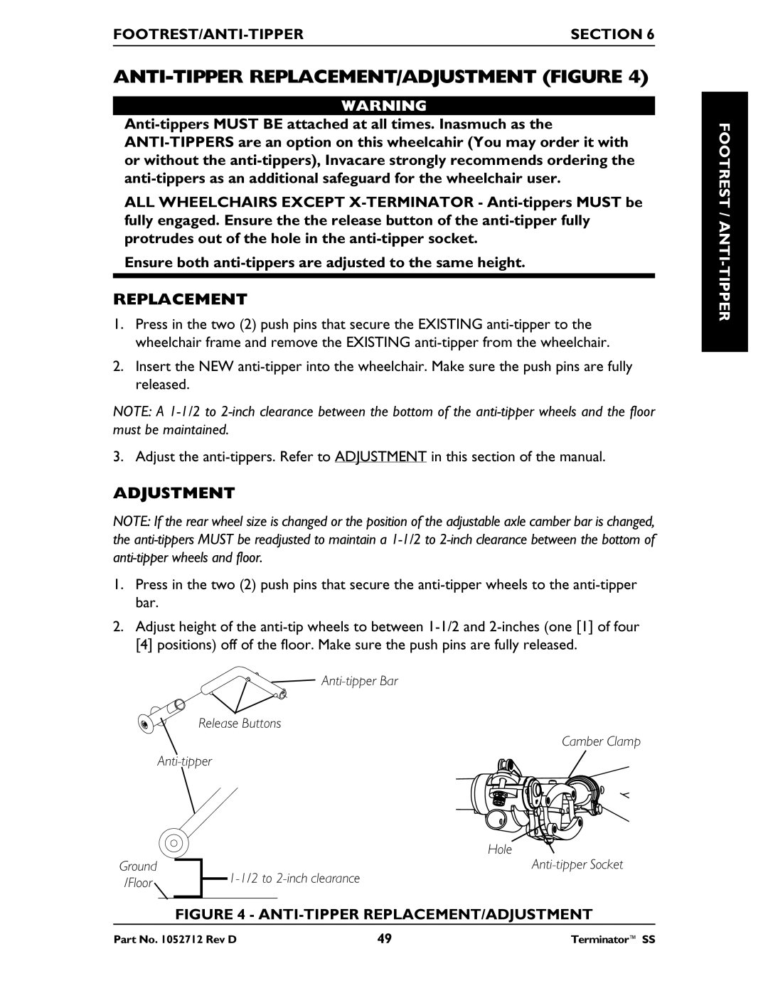 Invacare TerminatorTM SS manual ANTI-TIPPER REPLACEMENT/ADJUSTMENT Figure, Replacement, Adjustment 