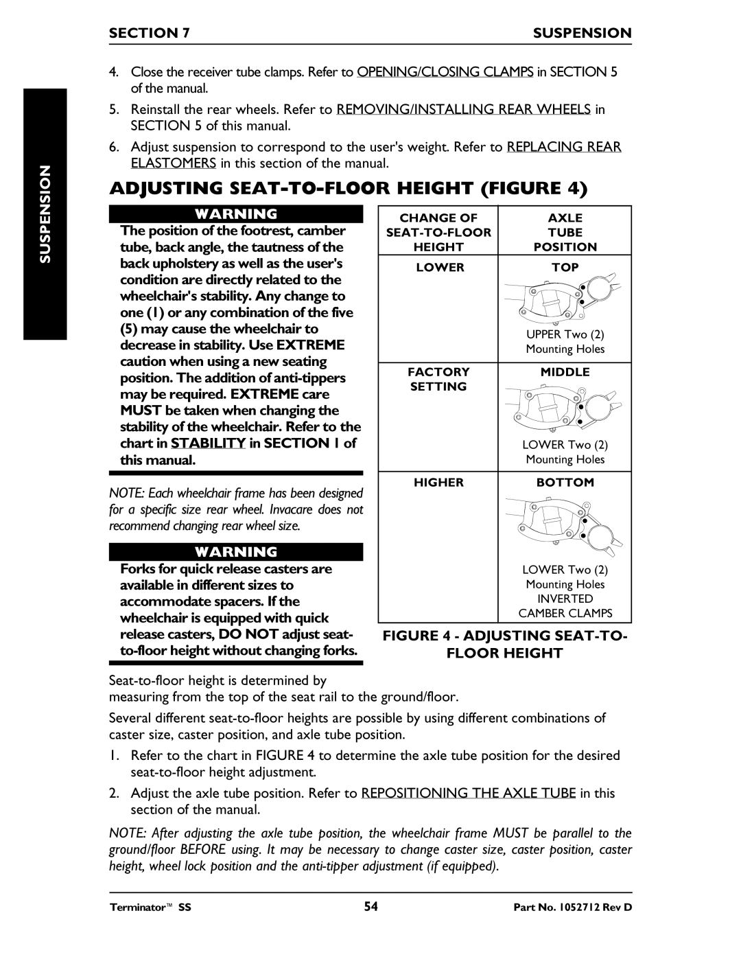 Invacare TerminatorTM SS manual Adjusting SEAT-TO-FLOOR Height Figure, Adjusting SEAT-TO Floor Height 