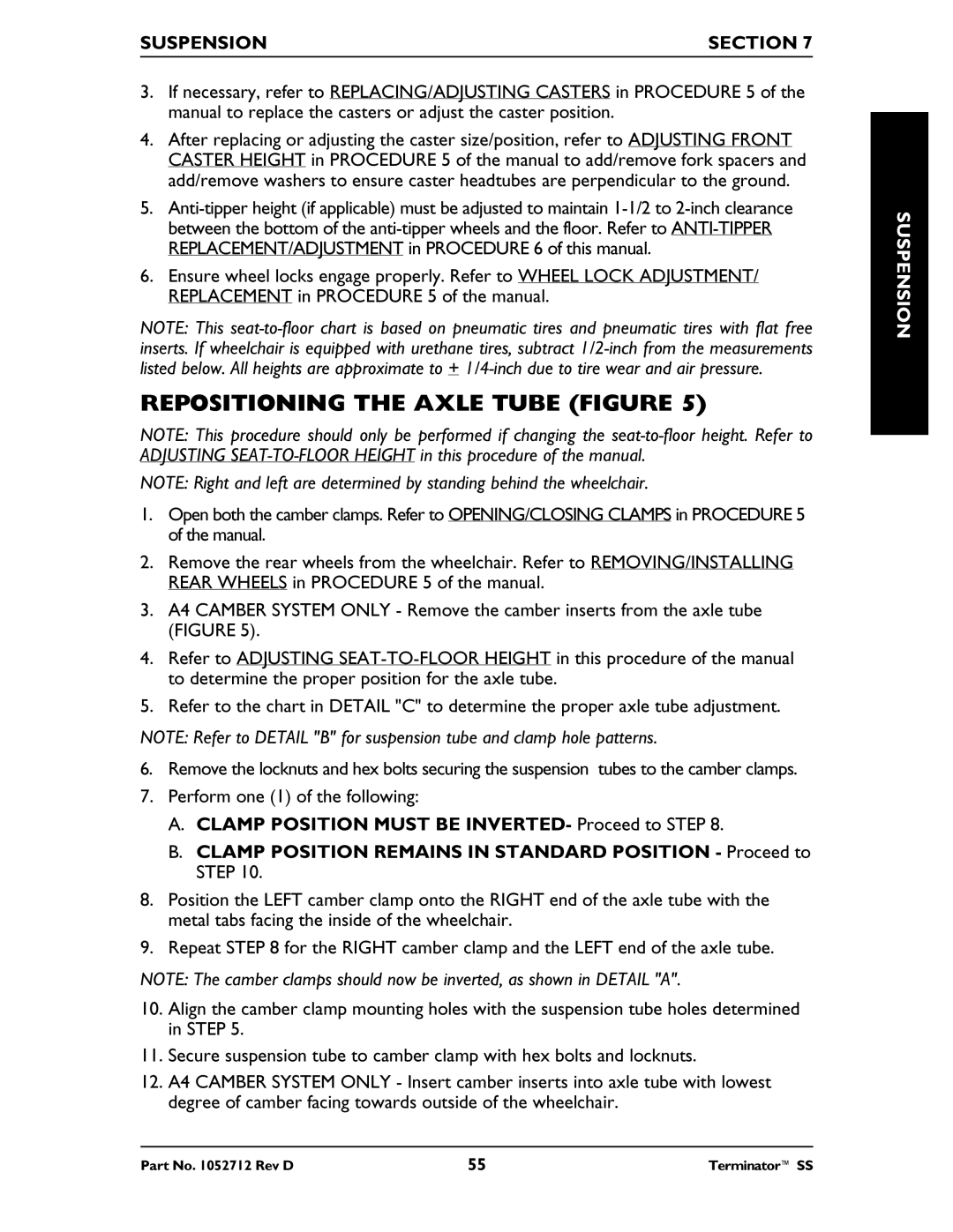 Invacare TerminatorTM SS manual Repositioning the Axle Tube Figure, Clamp Position Must be INVERTED- Proceed to Step 