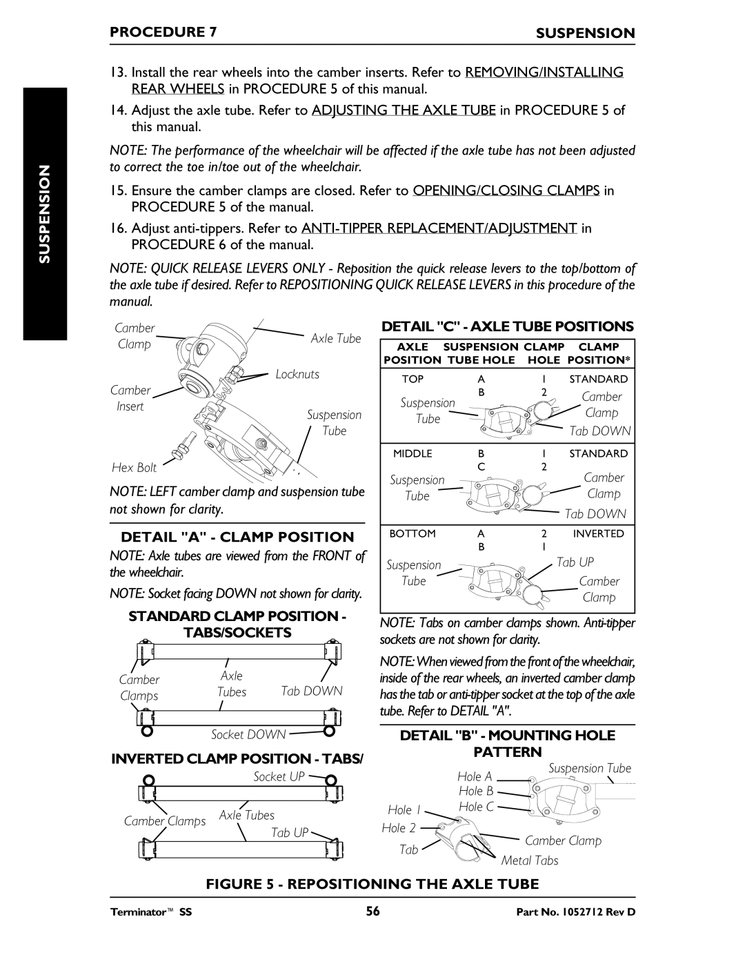 Invacare TerminatorTM SS manual Procedure Suspension, Detail C Axle Tube Positions 