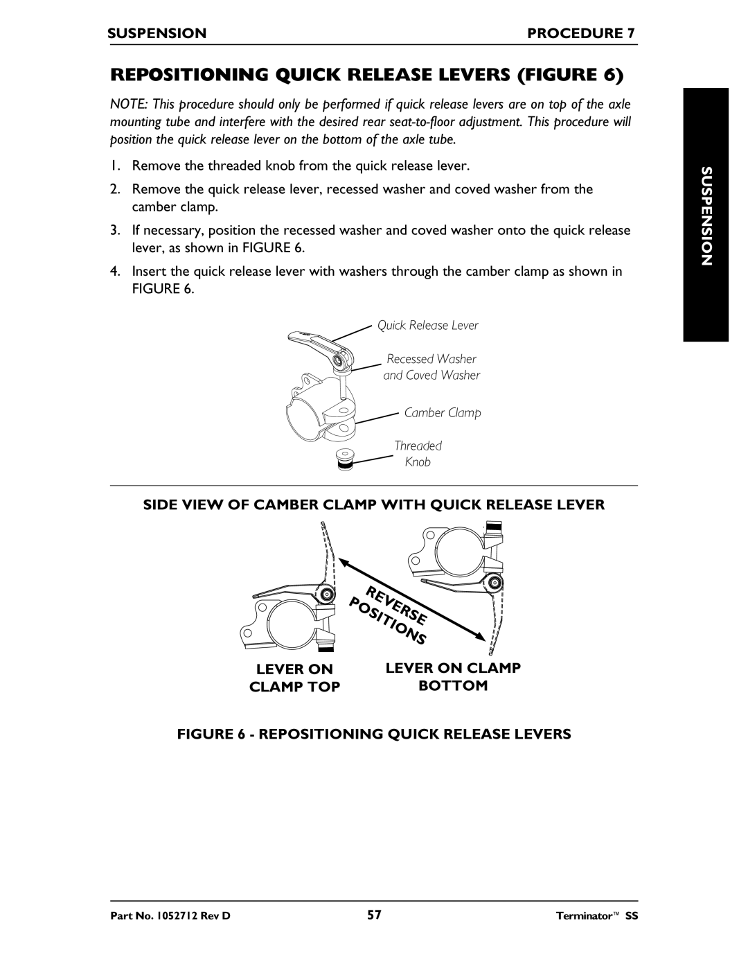 Invacare TerminatorTM SS manual Repositioning Quick Release Levers Figure, Reverse, Suspension Procedure 