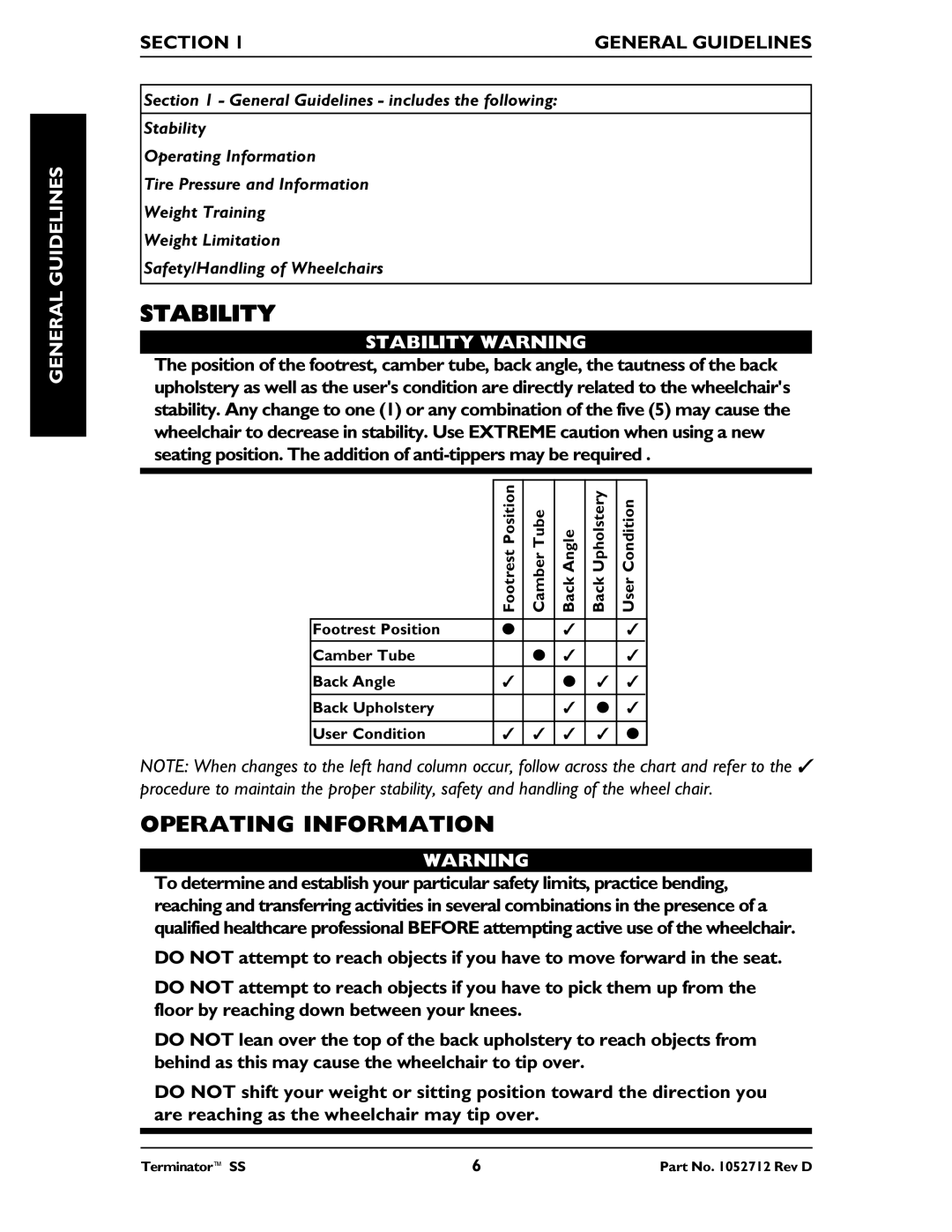 Invacare TerminatorTM SS manual Operating Information, Section General Guidelines, Stability Warning 