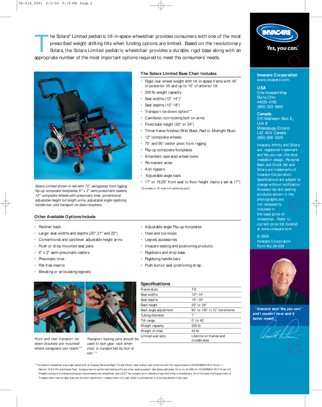 Invacare Tilt-in-Space Wheelchair manual Specifications, Invacare Corporation, Usa, Canada 