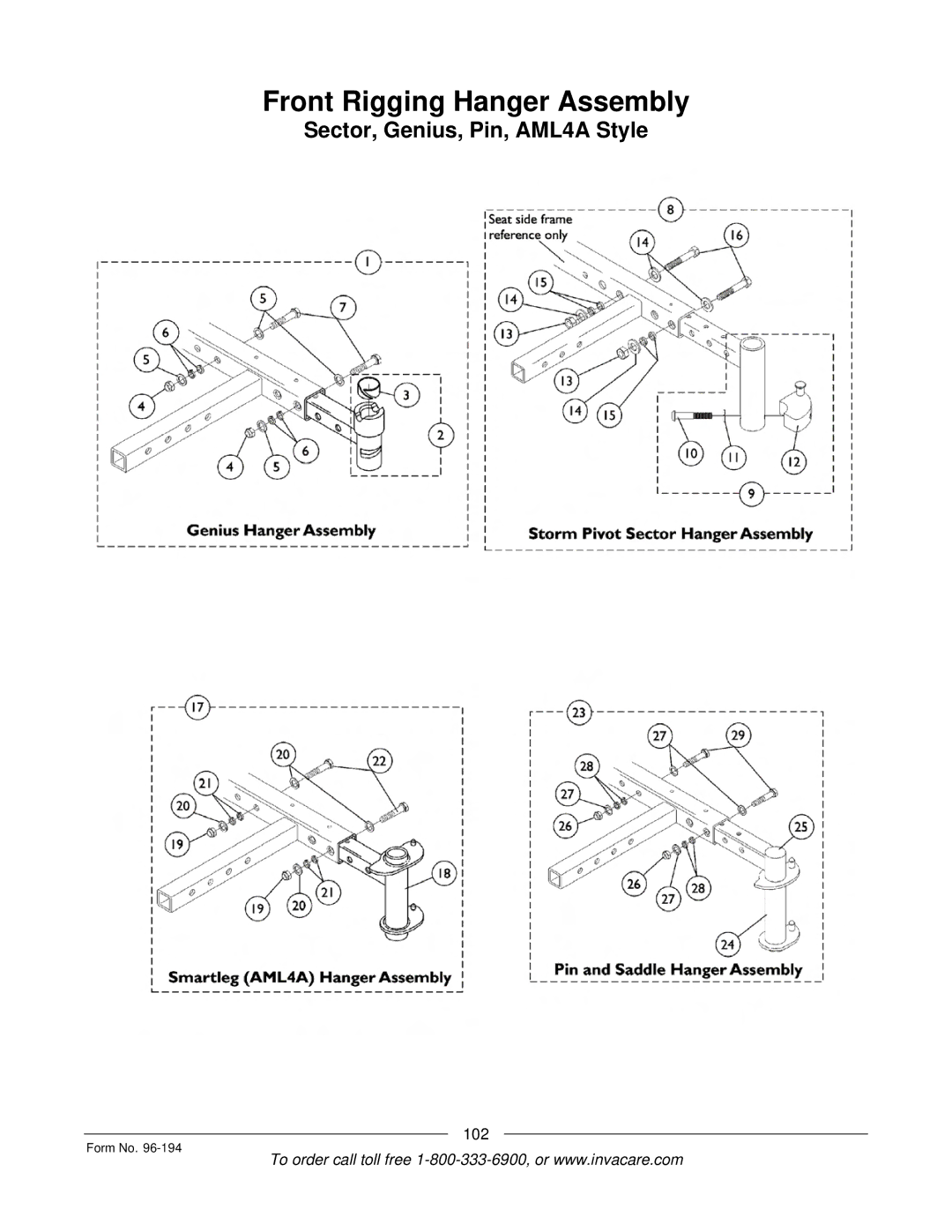 Invacare Recline 4XP, Tilt/Recline, Tilt Only, Recline Only, Basic Tilt manual Front Rigging Hanger Assembly 