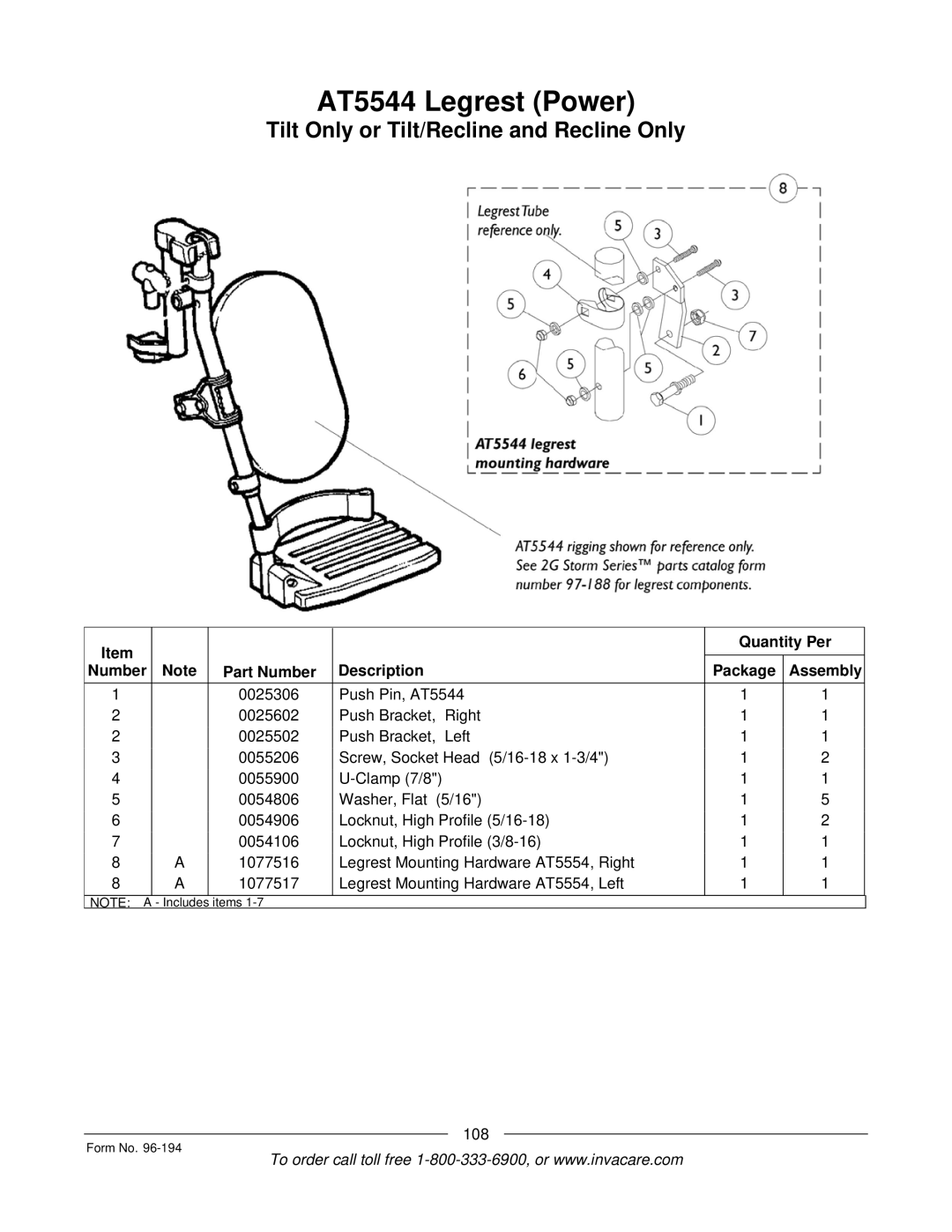 Invacare Basic Tilt, Tilt/Recline, Tilt Only, Recline Only, Recline 4XP manual AT5544 Legrest Power 