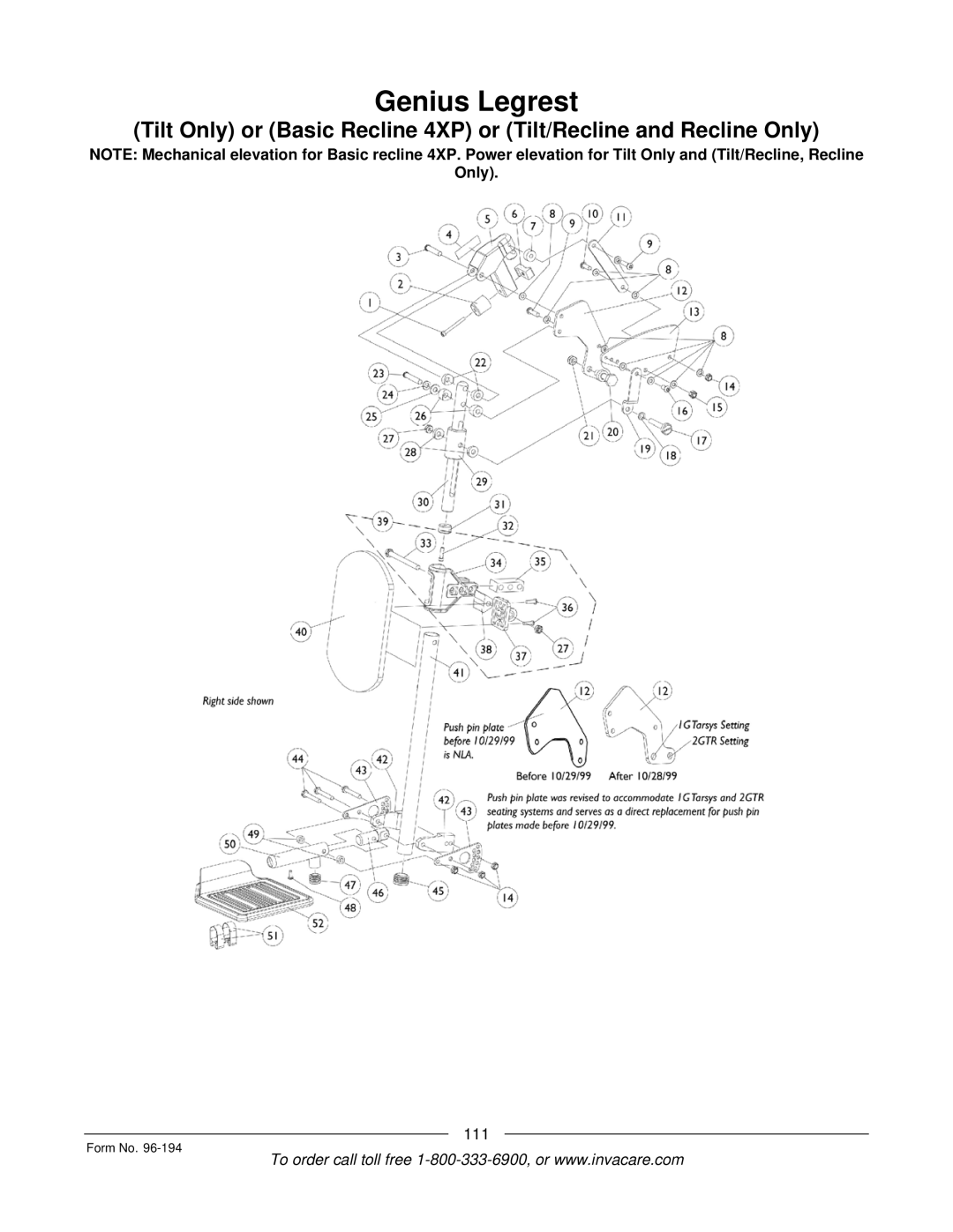 Invacare Recline Only, Tilt/Recline, Tilt Only, Recline 4XP, Basic Tilt manual Genius Legrest 