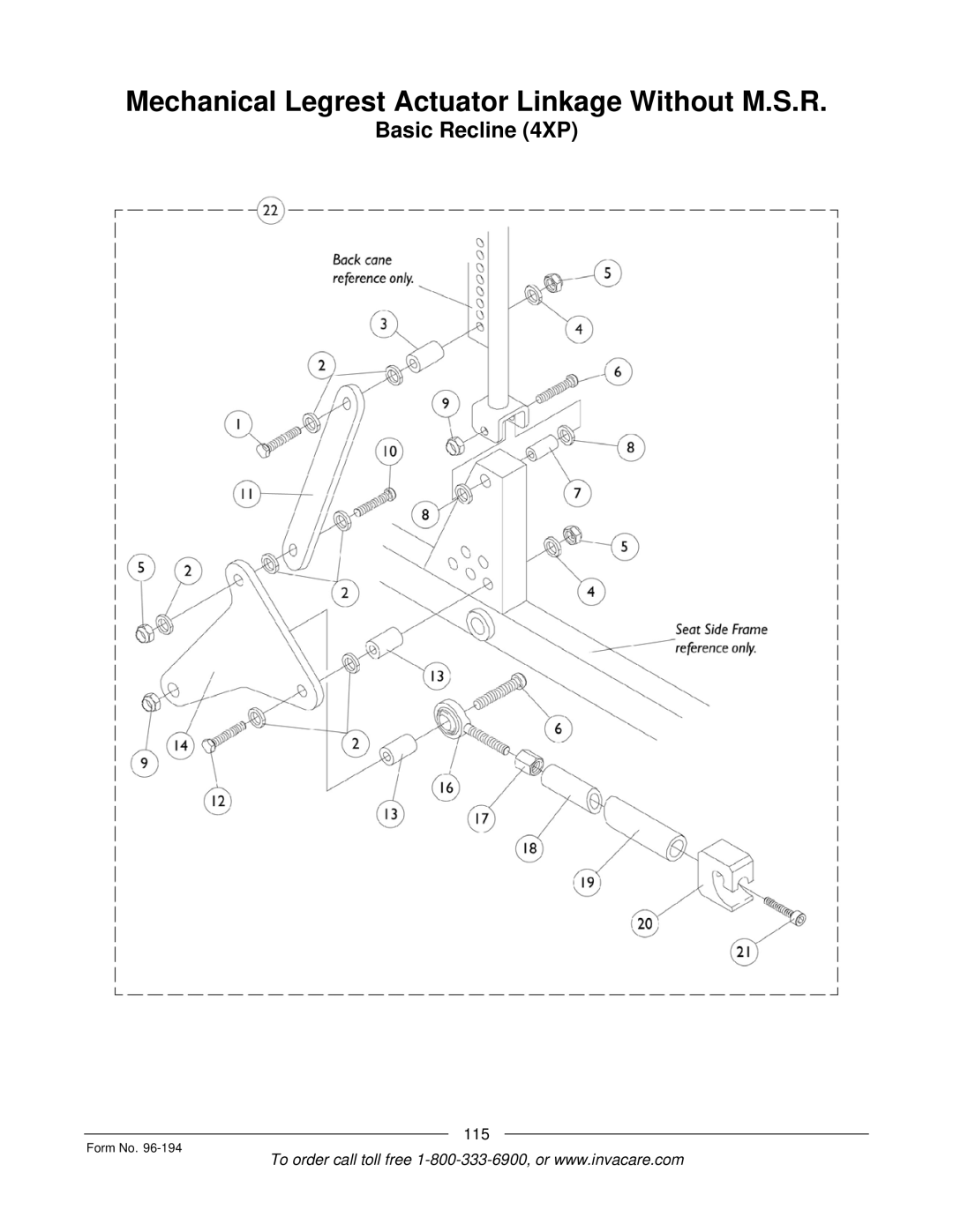 Invacare Tilt Only, Tilt/Recline, Recline Only, Recline 4XP, Basic Tilt Mechanical Legrest Actuator Linkage Without M.S.R 