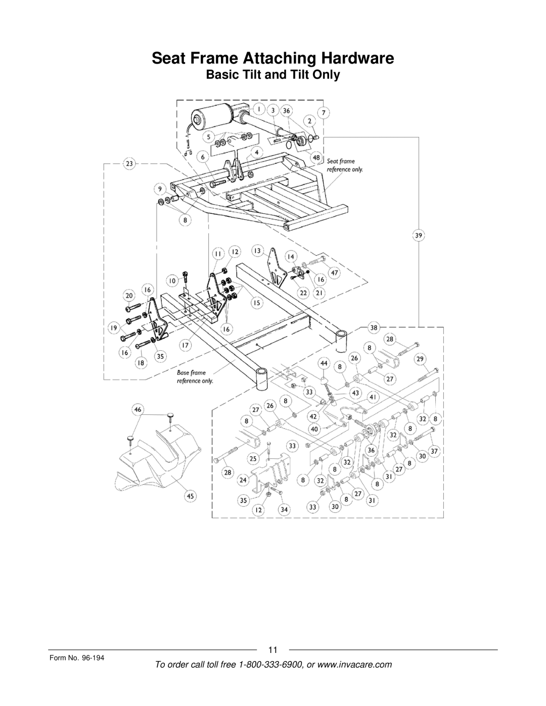 Invacare Recline Only, Tilt/Recline, Tilt Only, Recline 4XP, Basic Tilt manual Seat Frame Attaching Hardware 