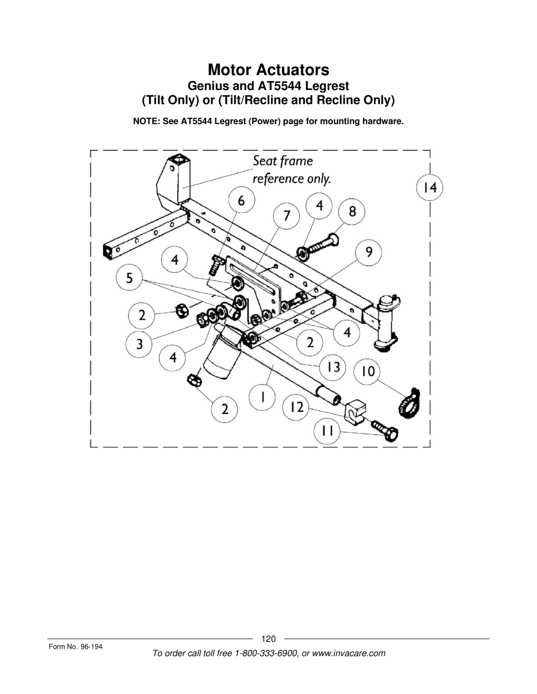 Invacare Tilt Only, Tilt/Recline, Recline Only, Recline 4XP, Basic Tilt manual Motor Actuators 