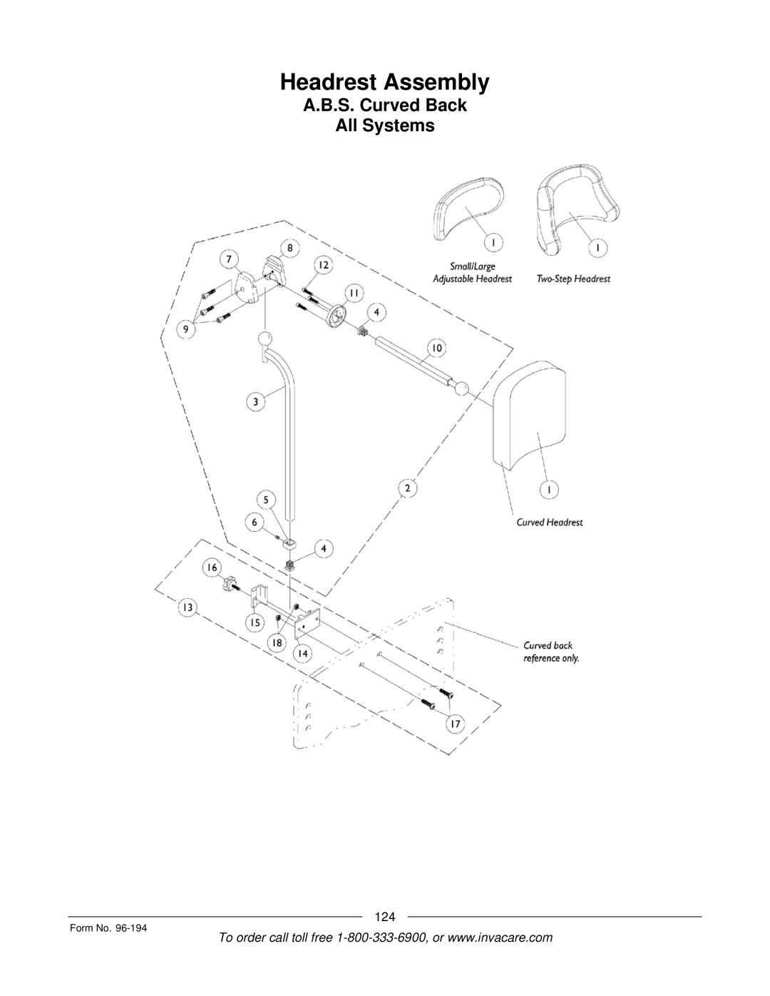 Invacare Tilt/Recline, Tilt Only, Recline Only, Recline 4XP, Basic Tilt manual Headrest Assembly 