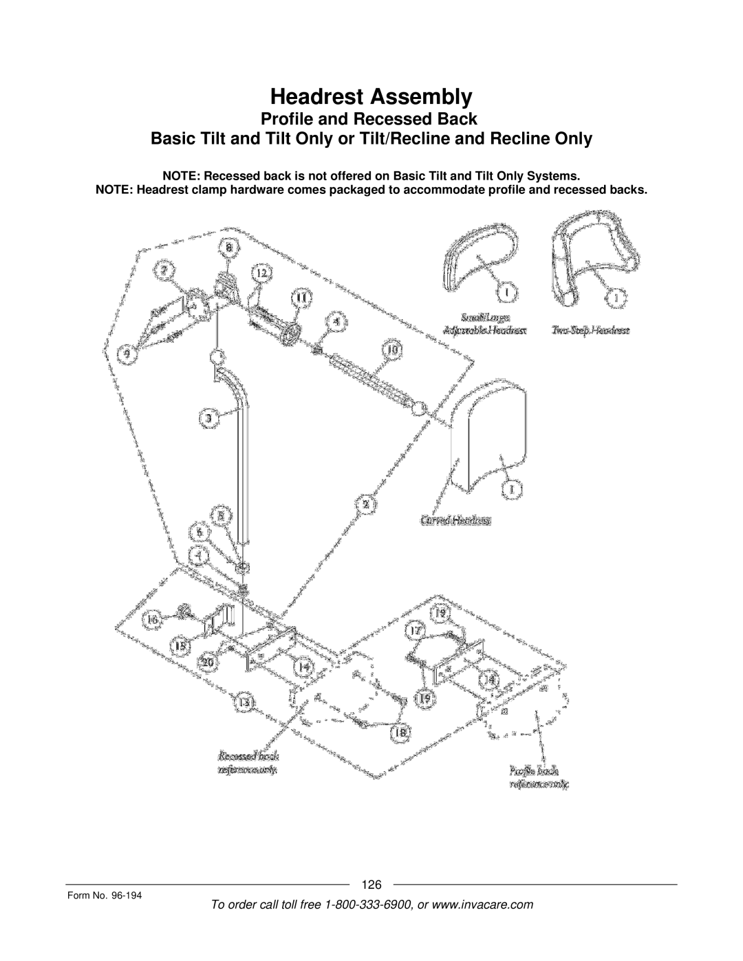 Invacare Recline Only, Tilt/Recline, Tilt Only, Recline 4XP, Basic Tilt manual 126 