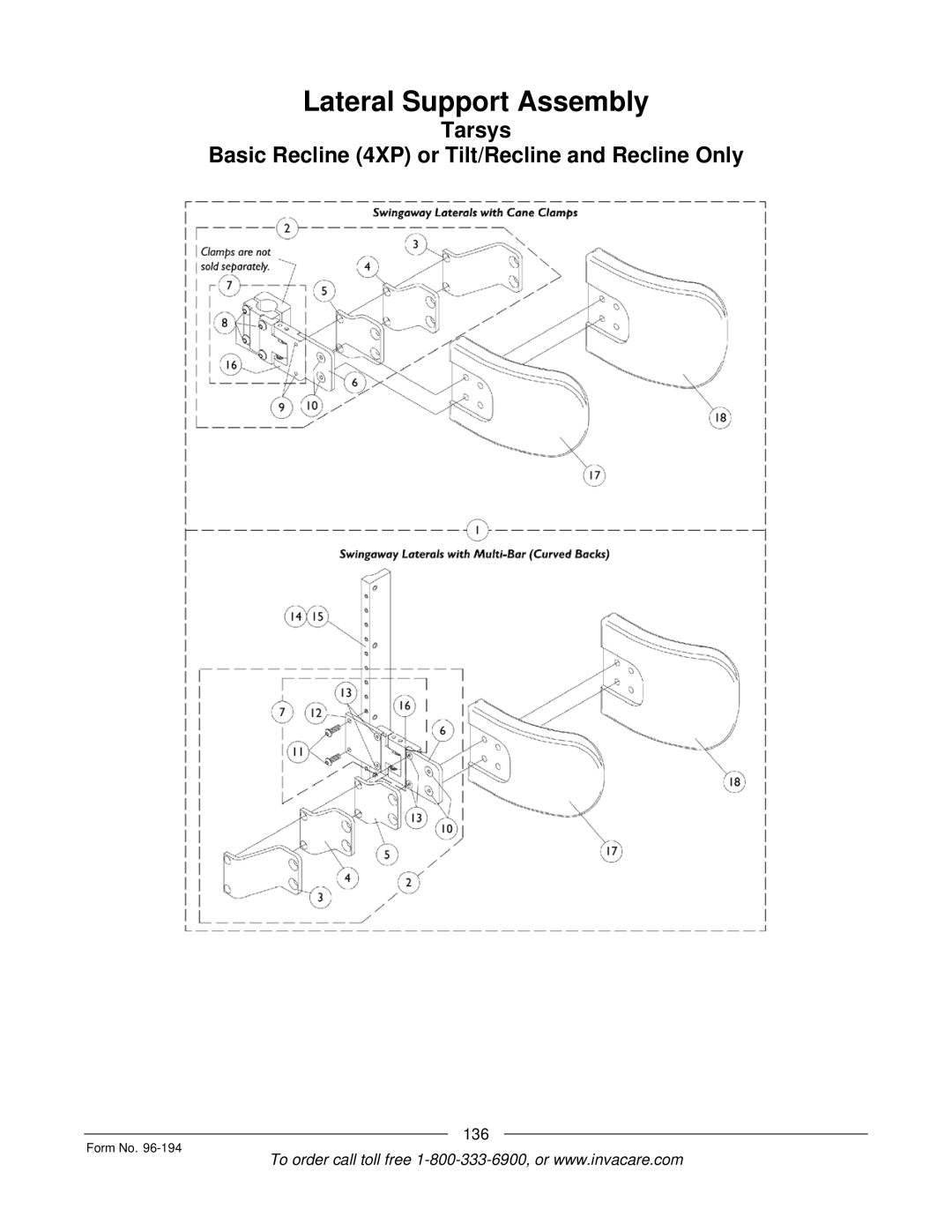 Invacare Tilt Only, Basic Tilt manual Tarsys Basic Recline 4XP or Tilt/Recline and Recline Only 