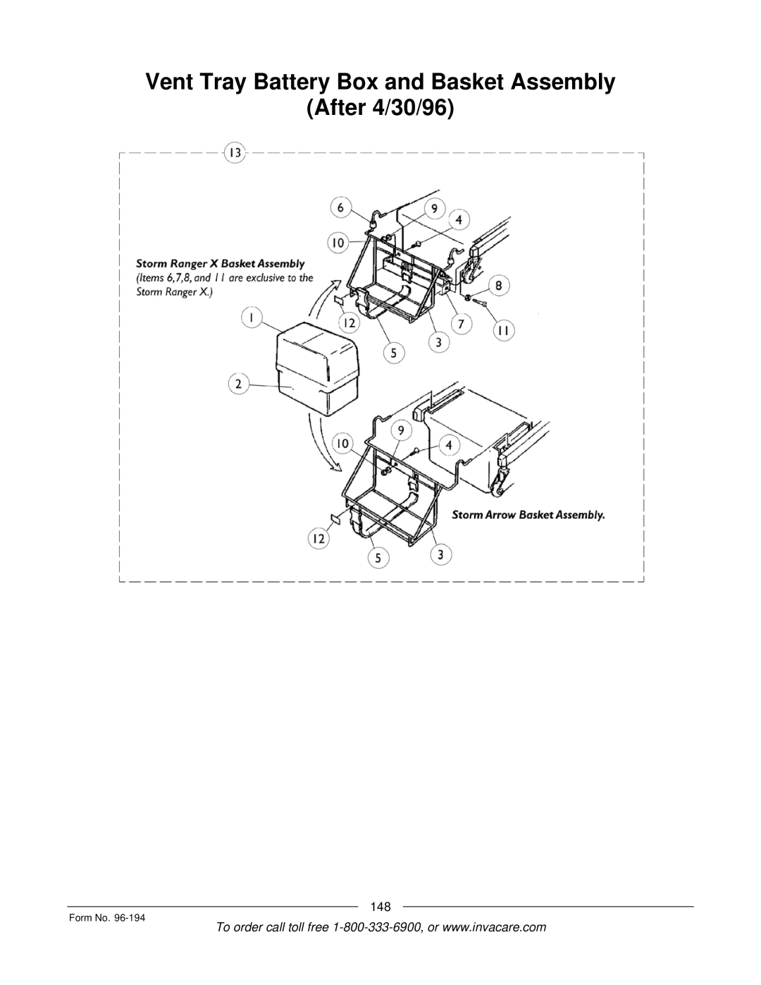 Invacare Basic Tilt, Tilt/Recline, Tilt Only, Recline Only manual Vent Tray Battery Box and Basket Assembly After 4/30/96 