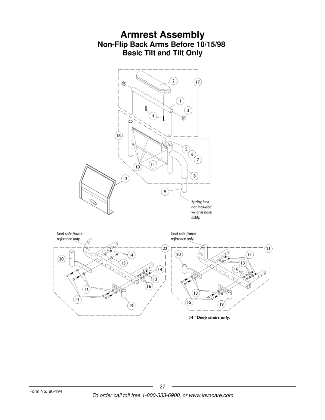 Invacare Recline 4XP, Tilt/Recline, Tilt Only, Recline Only, Basic Tilt manual Armrest Assembly 