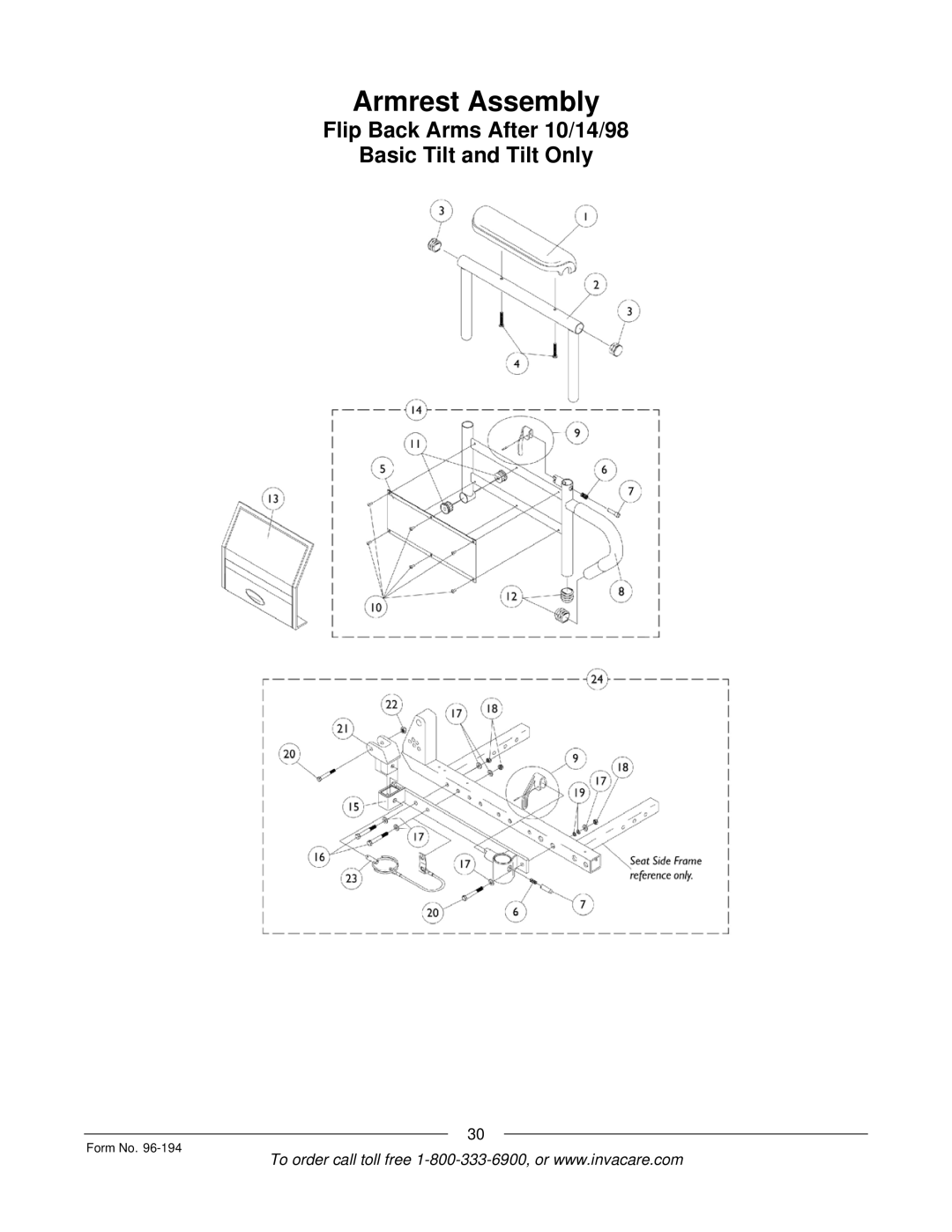 Invacare Tilt/Recline, Recline Only, Recline 4XP manual Flip Back Arms After 10/14/98 Basic Tilt and Tilt Only 