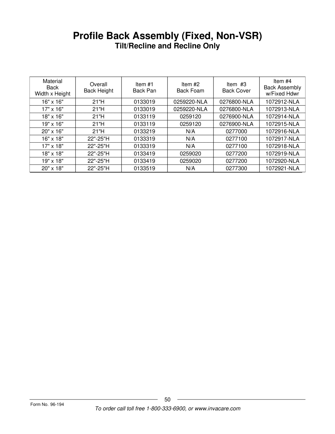 Invacare Tilt Only, Tilt/Recline, Recline Only, Recline 4XP, Basic Tilt manual Profile Back Assembly Fixed, Non-VSR 