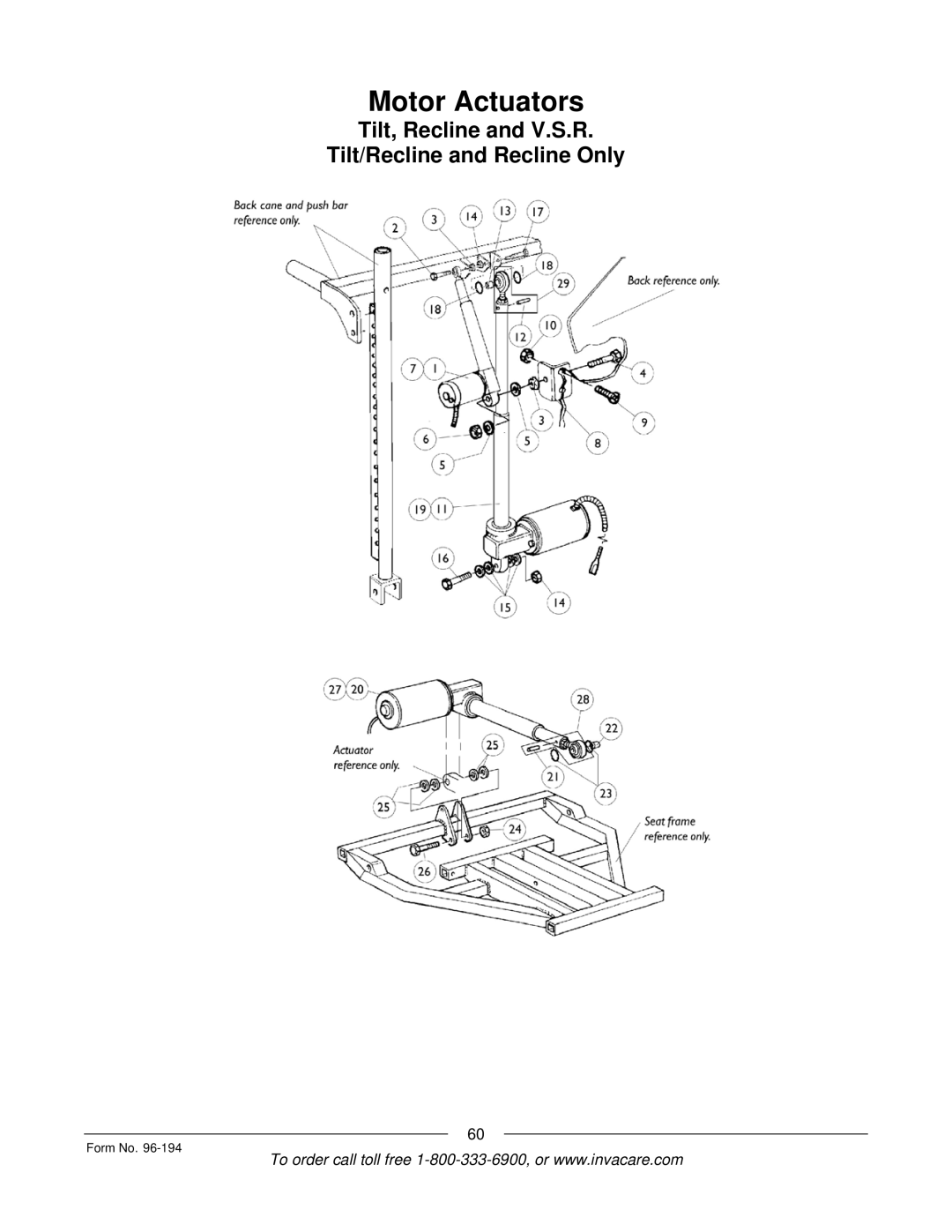 Invacare Tilt Only, Tilt/Recline, Recline Only, Recline 4XP, Basic Tilt manual Motor Actuators 