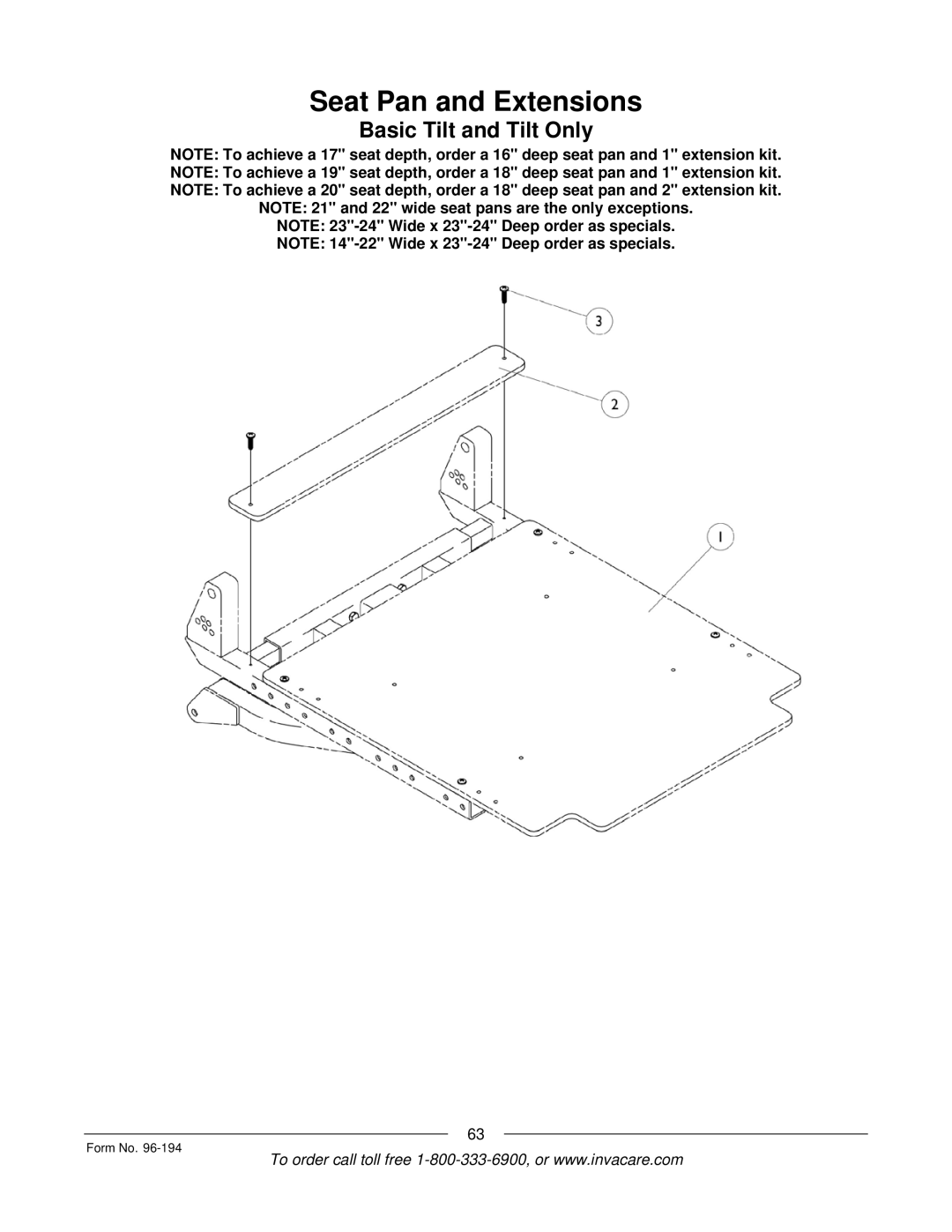 Invacare Basic Tilt, Tilt/Recline, Tilt Only, Recline Only, Recline 4XP manual Seat Pan and Extensions 