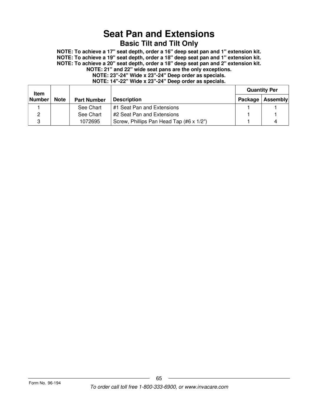 Invacare Tilt Only, Tilt/Recline, Recline Only, Recline 4XP Quantity Per Number Part Number Description Package Assembly 