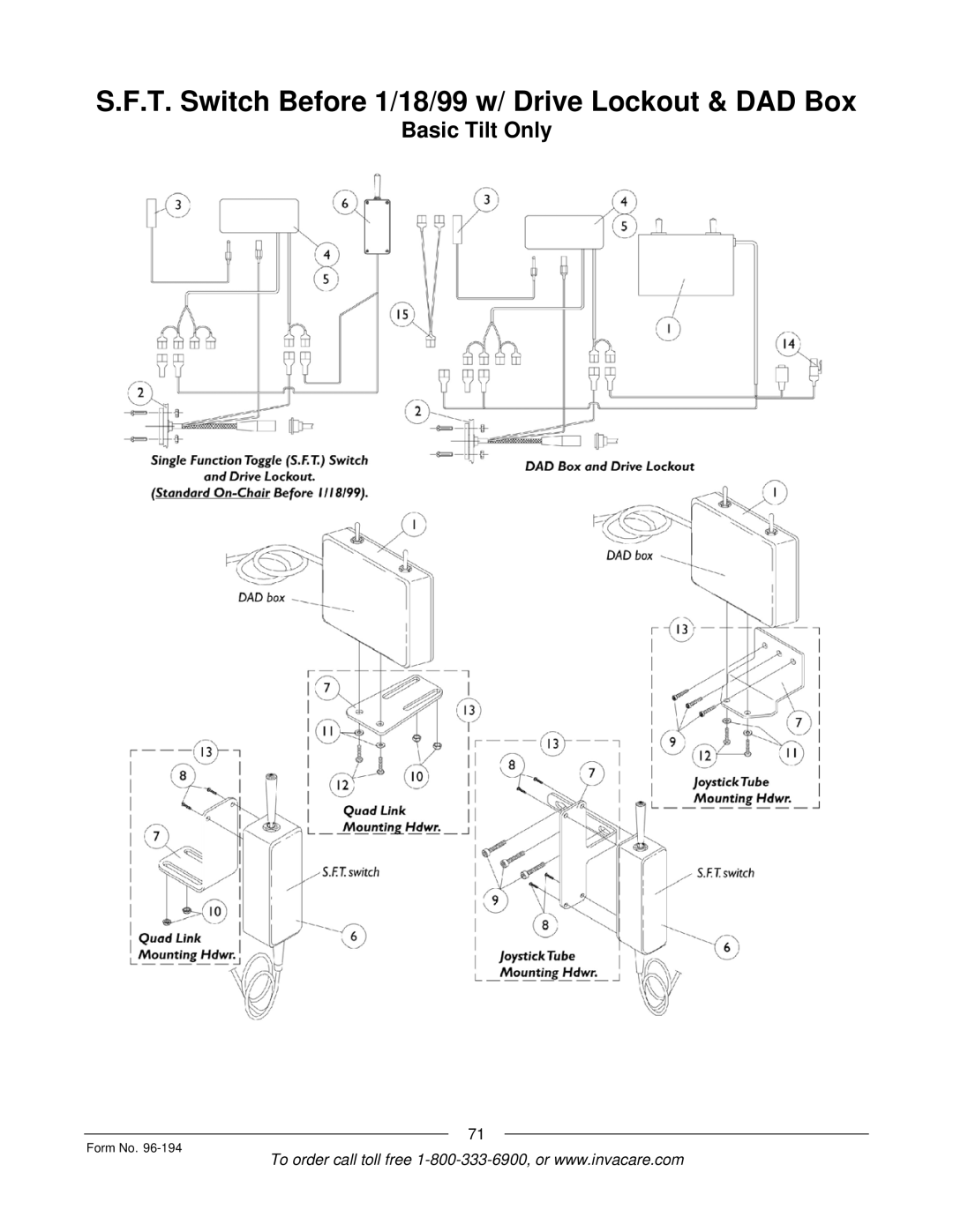 Invacare Recline Only, Tilt/Recline, Tilt Only, Recline 4XP, Basic Tilt T. Switch Before 1/18/99 w/ Drive Lockout & DAD Box 