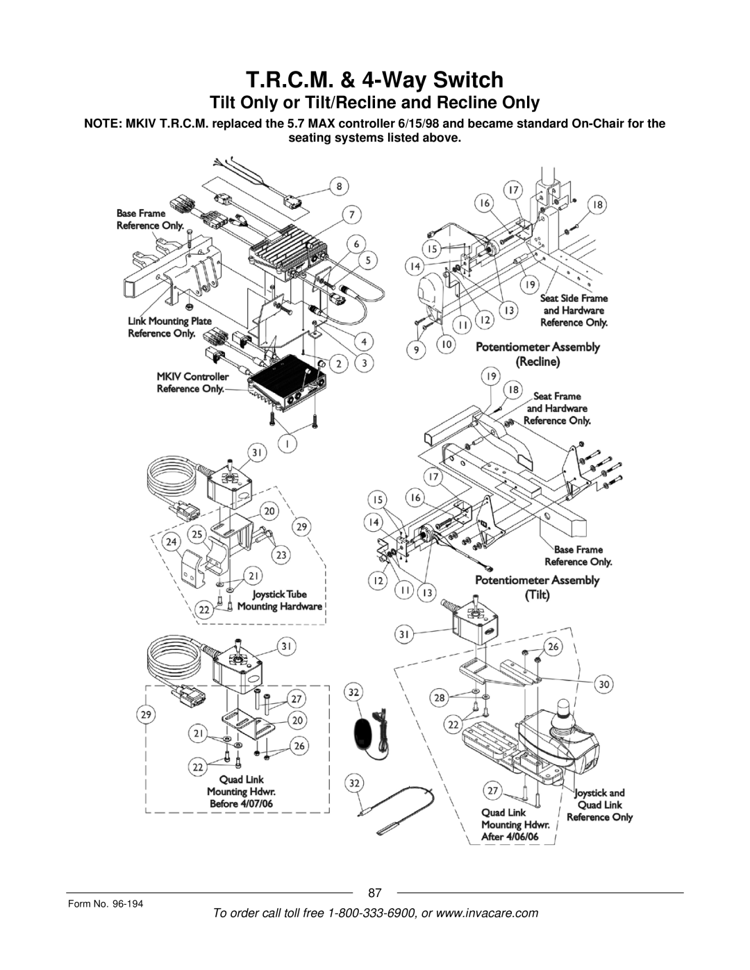 Invacare Recline 4XP, Tilt/Recline, Tilt Only, Recline Only, Basic Tilt manual C.M. & 4-Way Switch 