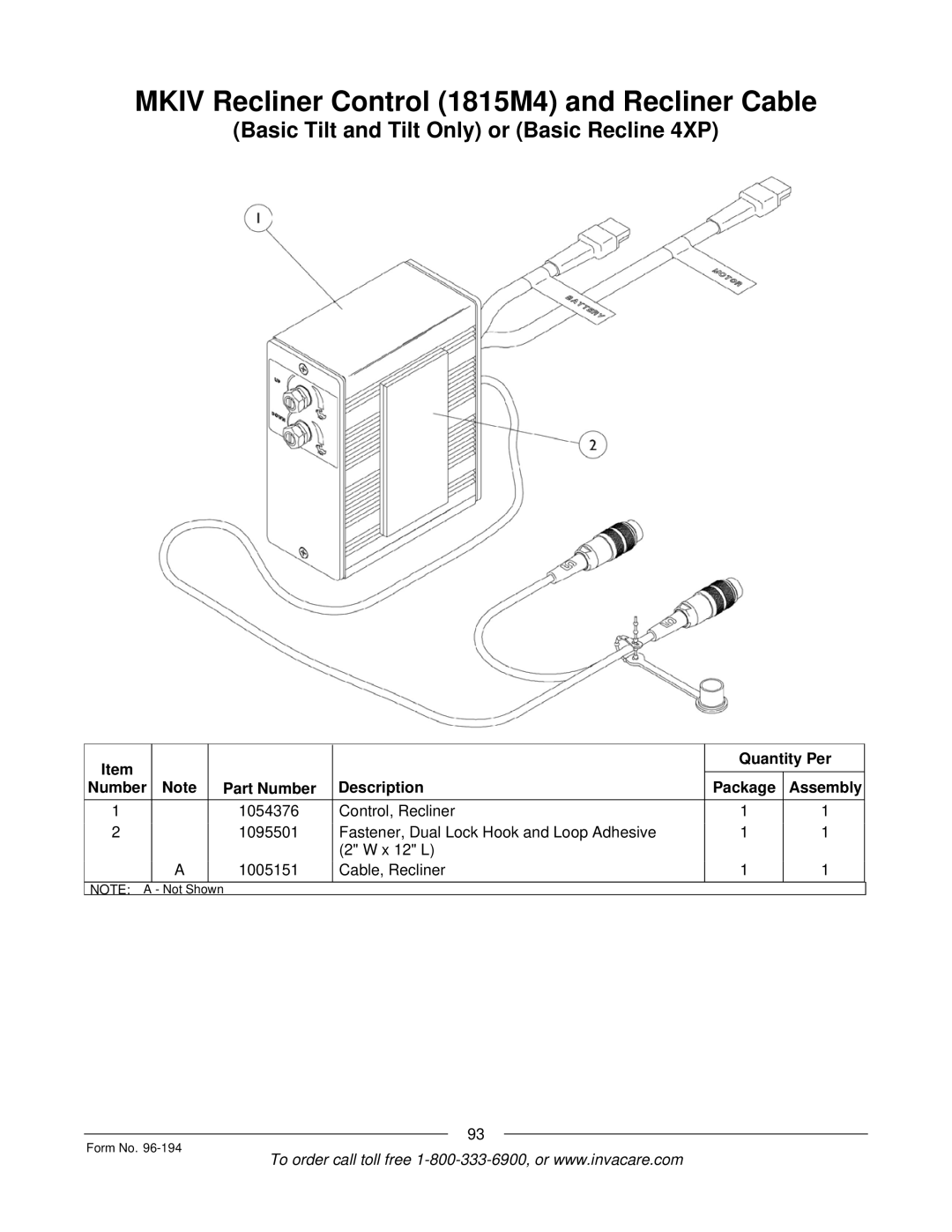 Invacare Basic Tilt, Tilt/Recline, Tilt Only, Recline Only, Recline 4XP manual Mkiv Recliner Control 1815M4 and Recliner Cable 