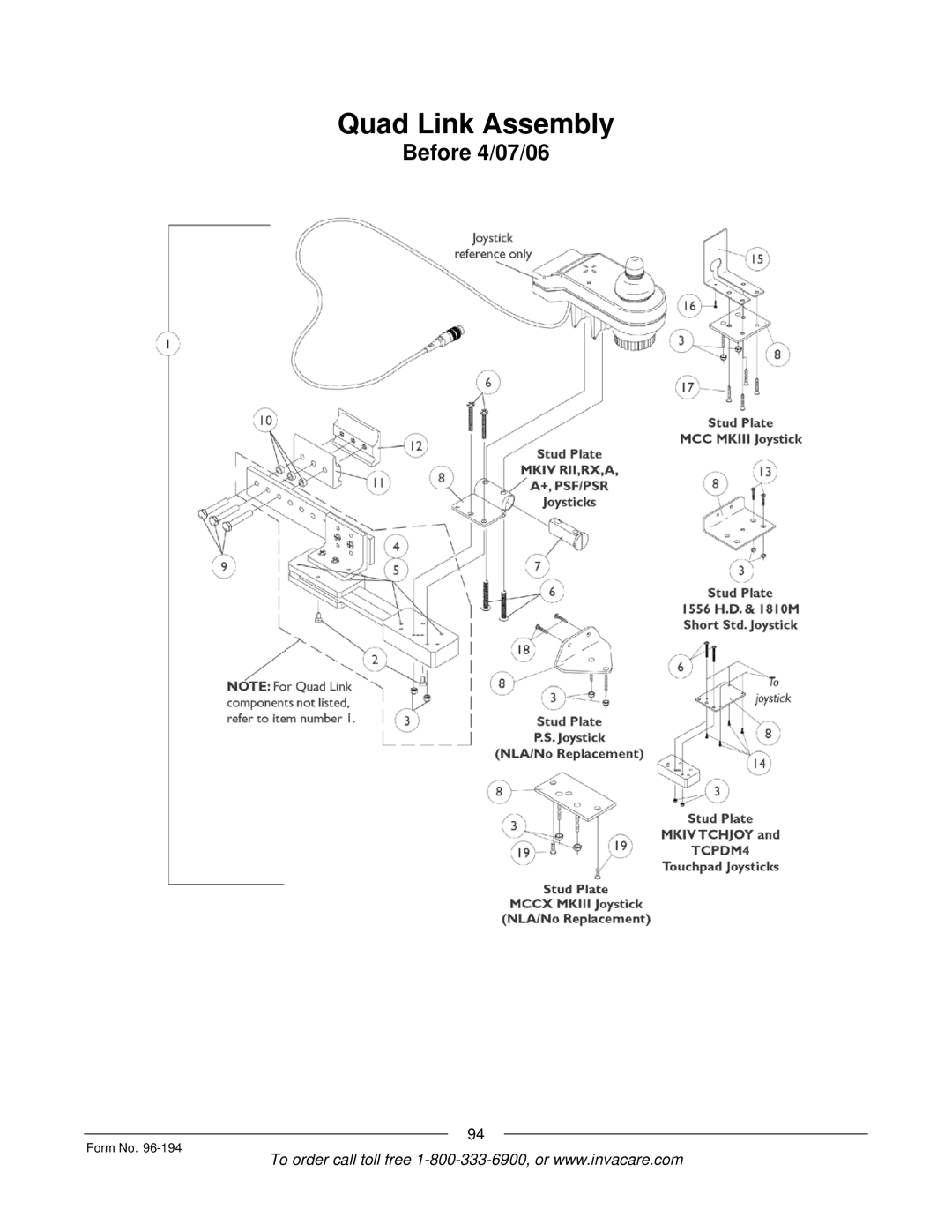 Invacare Tilt/Recline, Tilt Only, Recline Only, Recline 4XP, Basic Tilt manual Quad Link Assembly 