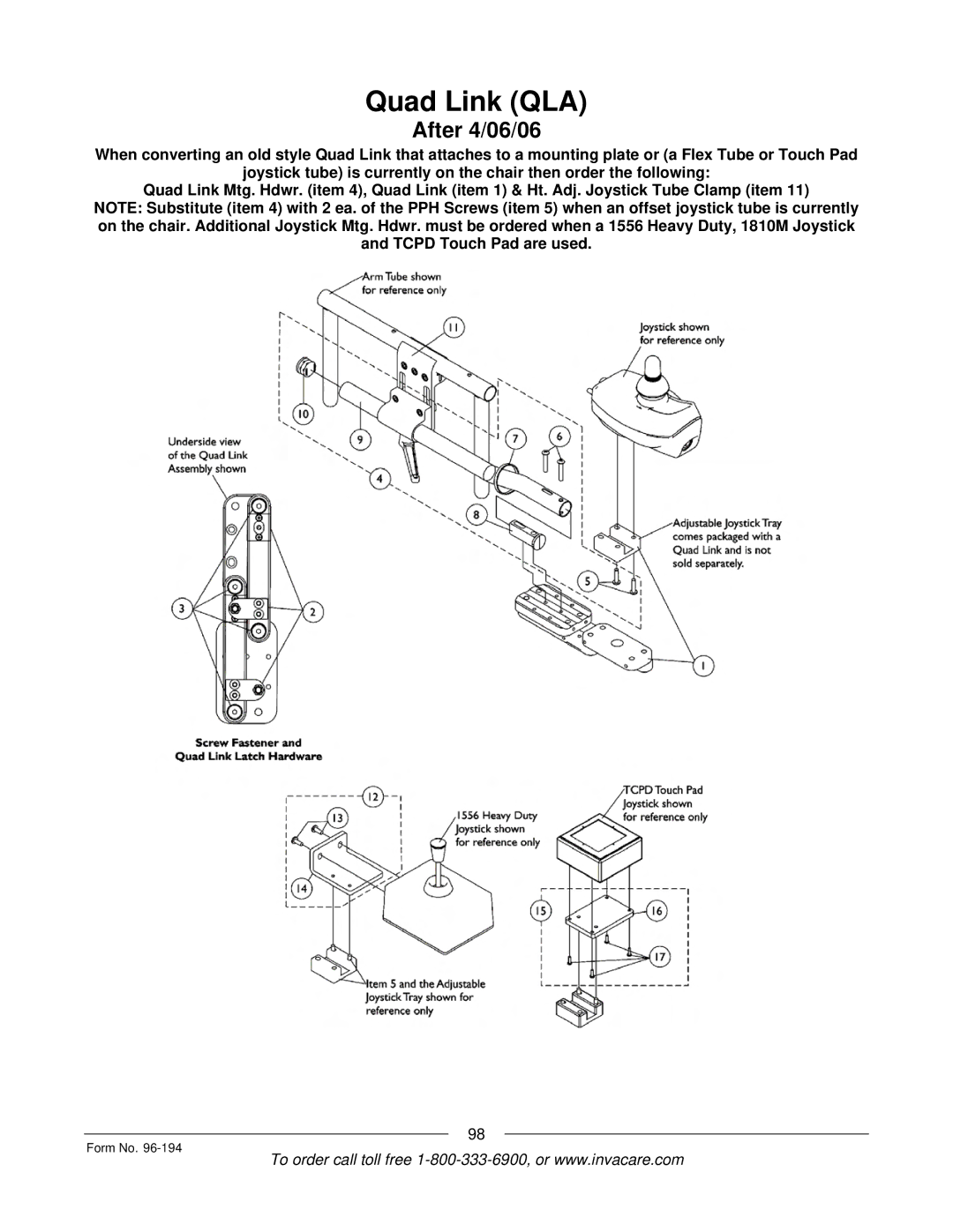 Invacare Basic Tilt, Tilt/Recline, Tilt Only, Recline Only, Recline 4XP manual Quad Link QLA 