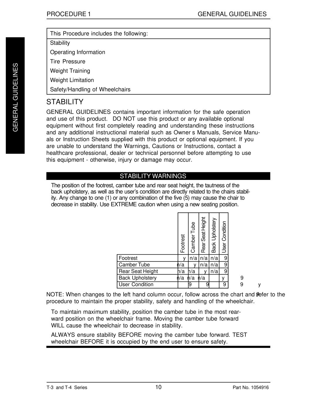 Invacare Top End T-3 manual Procedure General Guidelines, Stability Warnings 