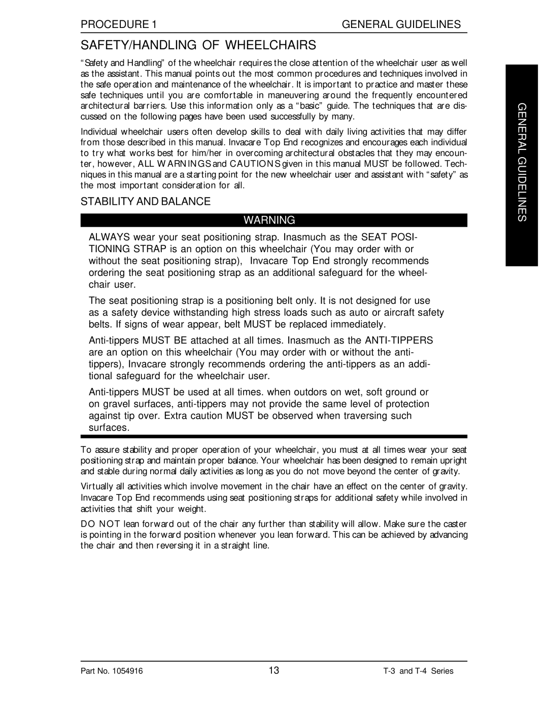 Invacare Top End T-3 manual SAFETY/HANDLING of Wheelchairs, Stability and Balance 