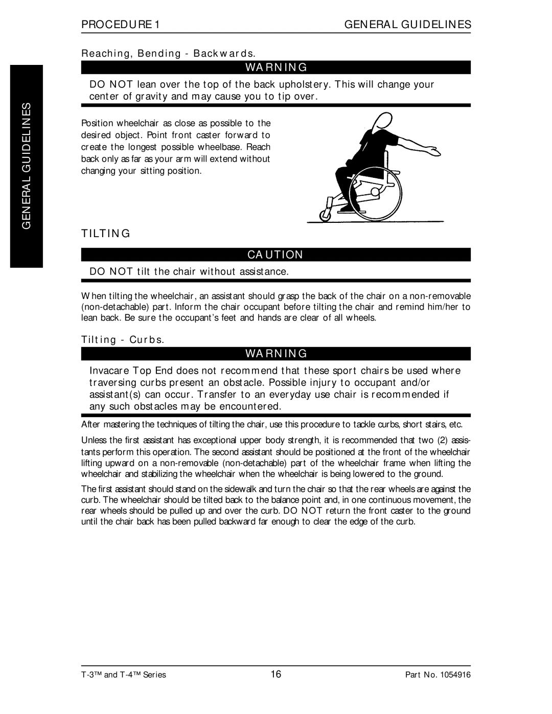 Invacare Top End T-3 manual Tilting, Do not tilt the chair without assistance 