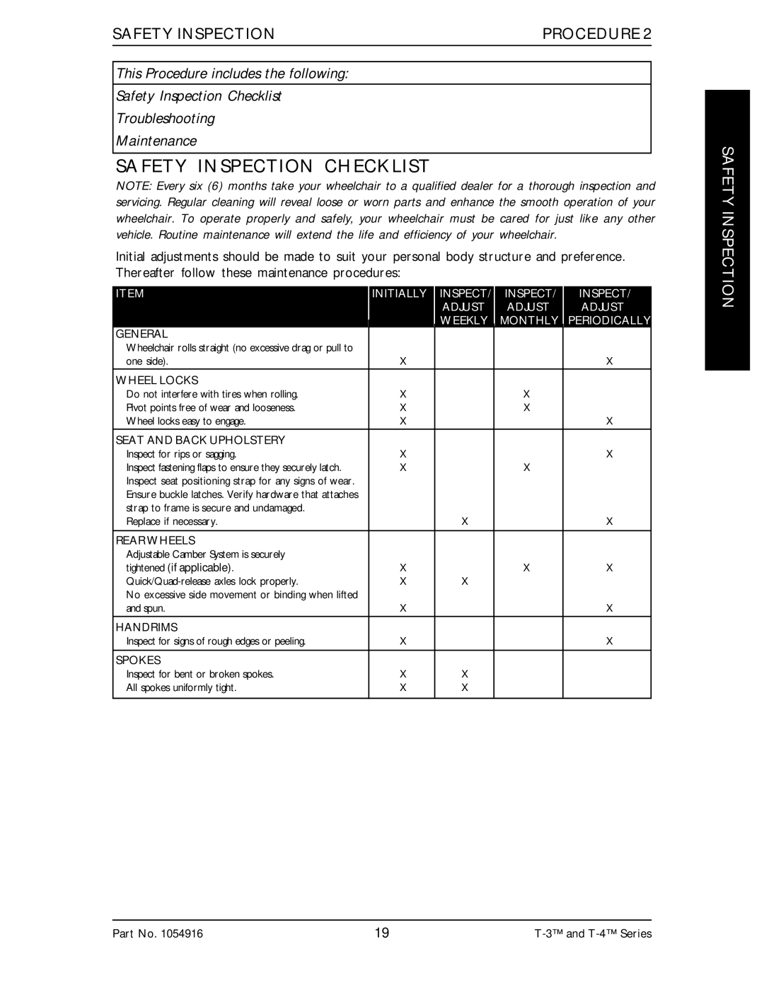 Invacare Top End T-3 manual Safety Inspection Checklist 