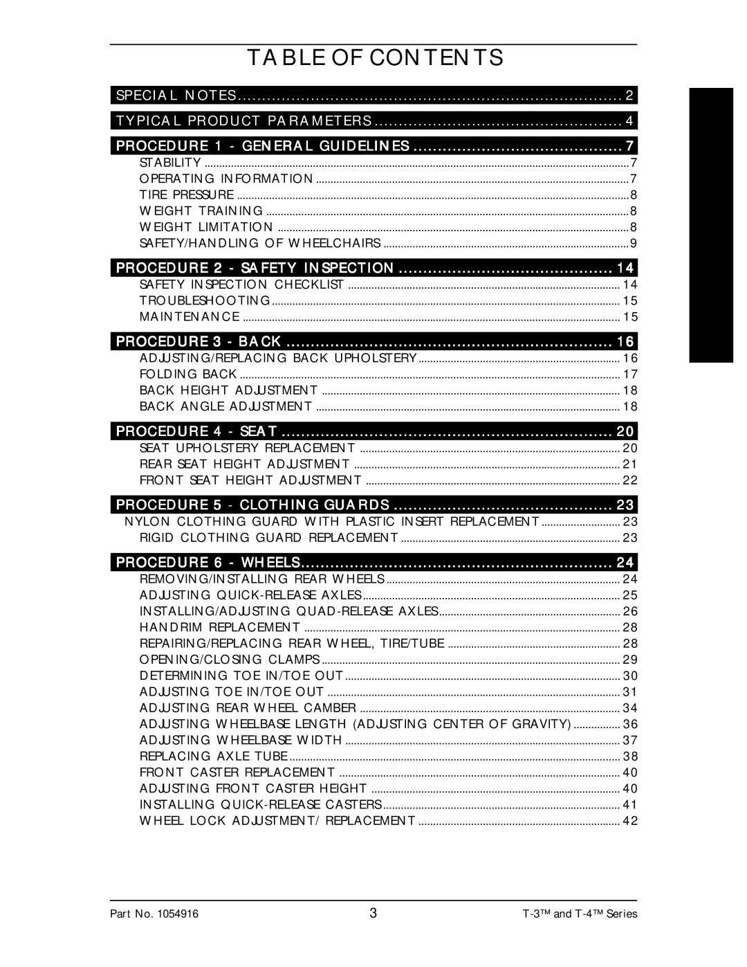 Invacare Top End T-3 manual Table of Contents 