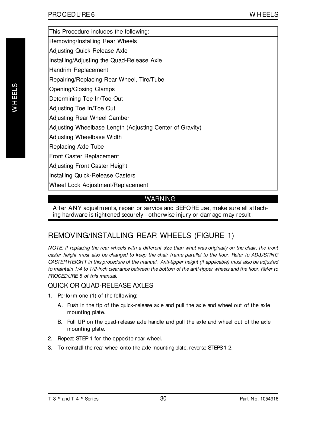 Invacare Top End T-3 manual REMOVING/INSTALLING Rear Wheels Figure, Procedure Wheels, Quick or QUAD-RELEASE Axles 