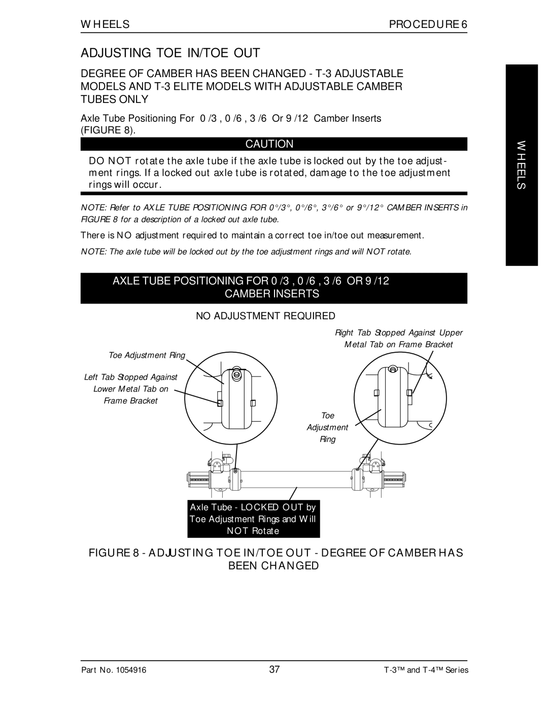 Invacare Top End T-3 manual Adjusting TOE IN/TOE OUT, Camber Inserts 