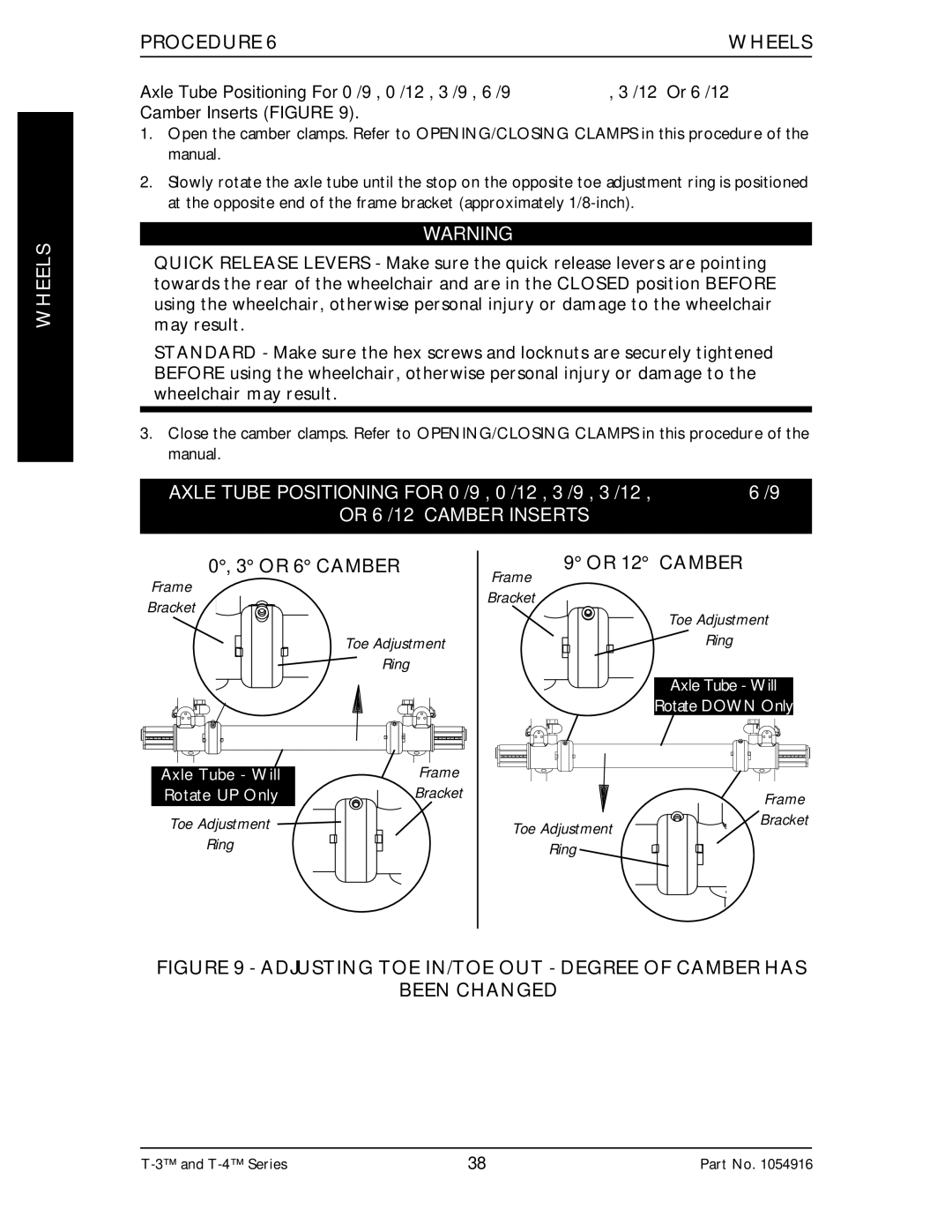 Invacare Top End T-3 manual Or 6/12 Camber Inserts, Or 12 Camber 