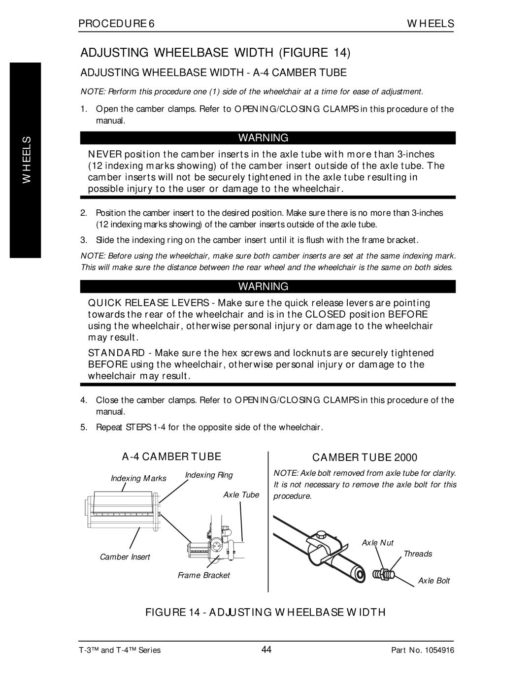 Invacare Top End T-3 manual Adjusting Wheelbase Width Figure, Adjusting Wheelbase Width A-4 Camber Tube 