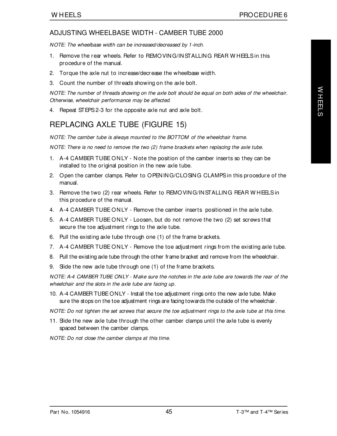 Invacare Top End T-3 manual Replacing Axle Tube Figure, Adjusting Wheelbase Width Camber Tube 