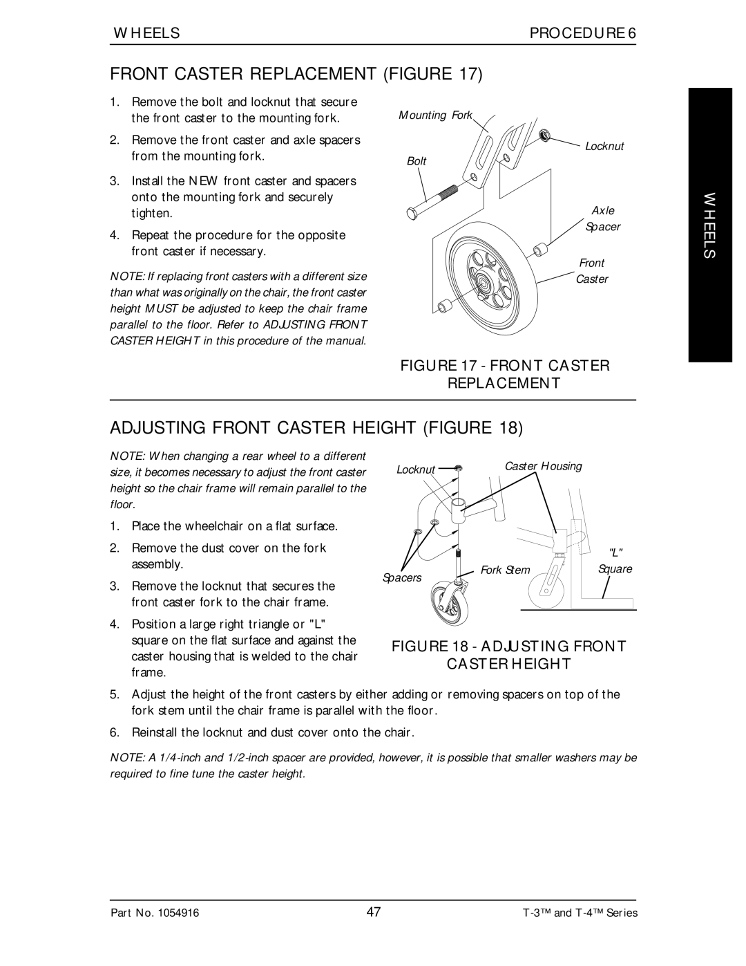 Invacare Top End T-3 manual Front Caster Replacement Figure, Adjusting Front Caster Height Figure 