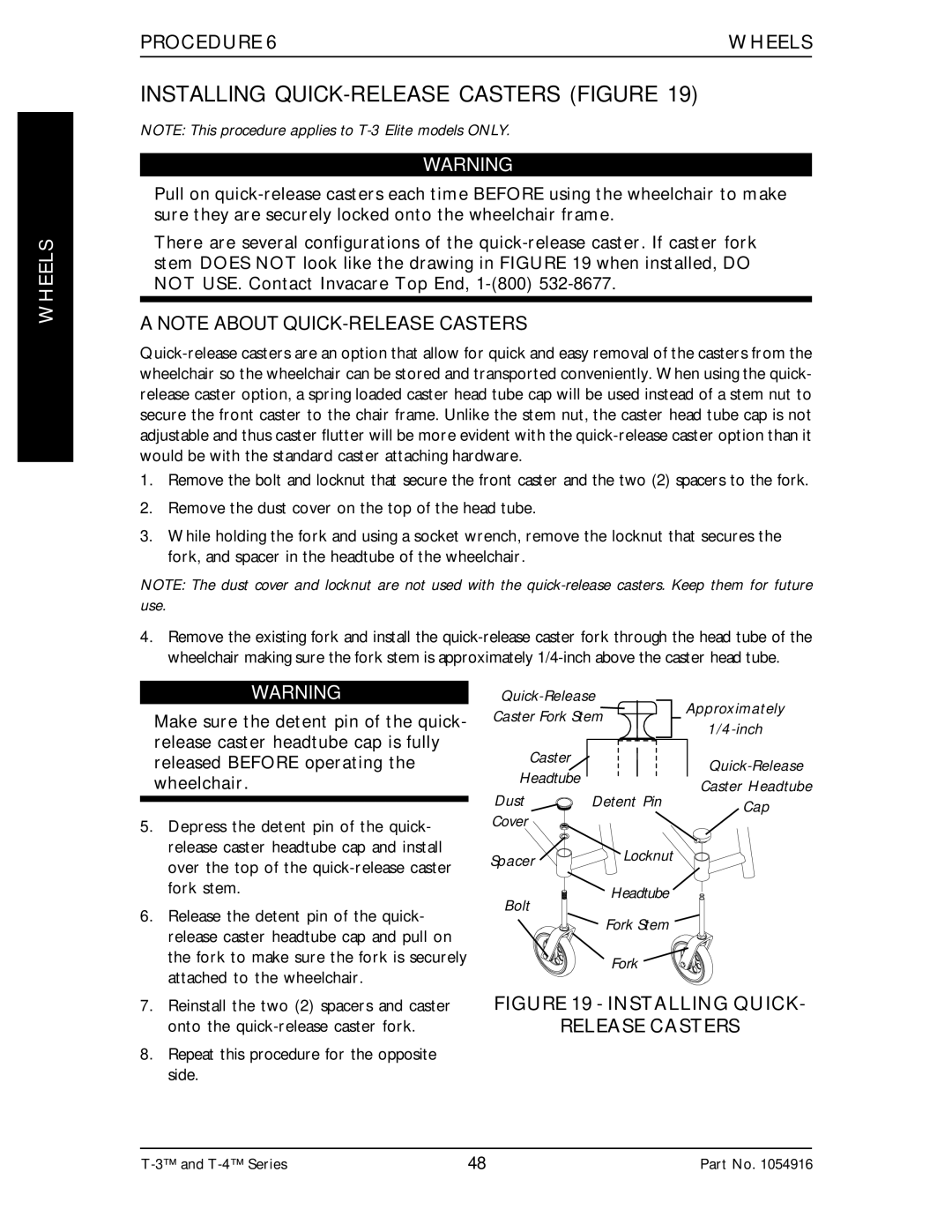 Invacare Top End T-3 manual Installing QUICK-RELEASE Casters Figure, Installing Quick Release Casters 