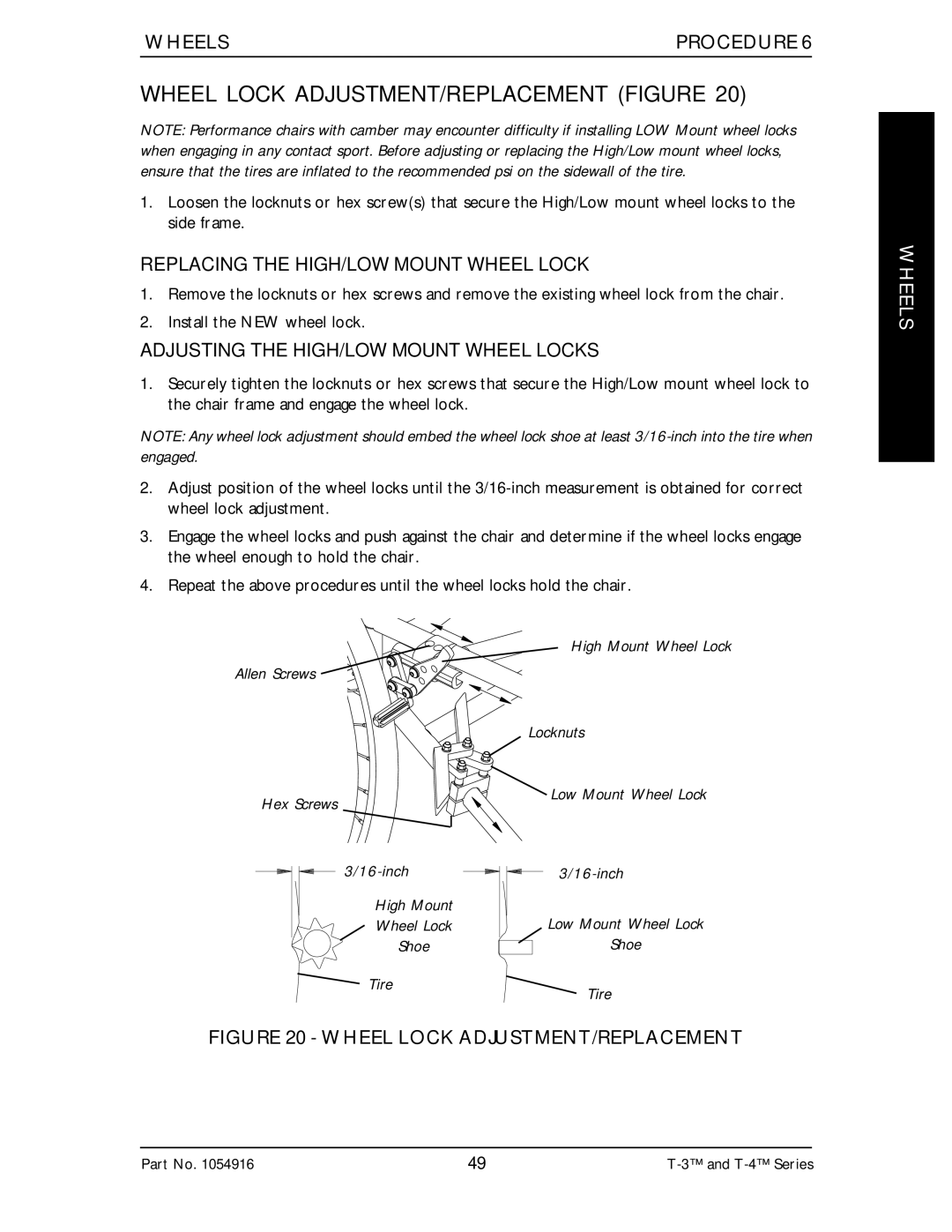 Invacare Top End T-3 manual Wheel Lock ADJUSTMENT/REPLACEMENT Figure, Replacing the HIGH/LOW Mount Wheel Lock 