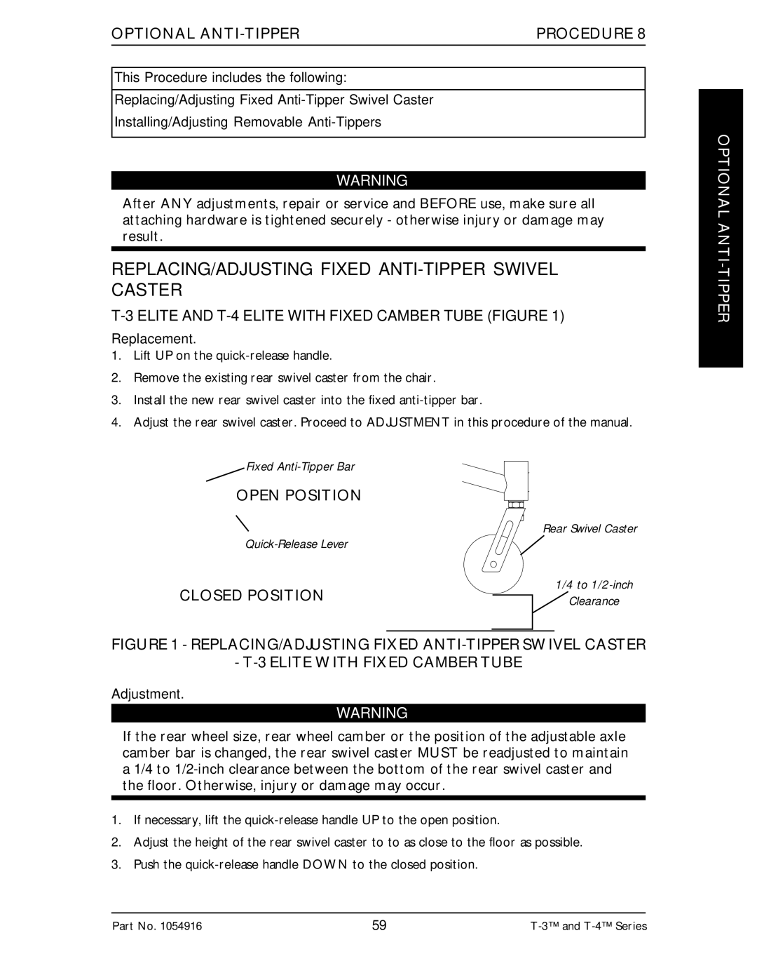 Invacare Top End T-3 REPLACING/ADJUSTING Fixed ANTI-TIPPER Swivel Caster, Optional ANTI-TIPPER Procedure, Replacement 