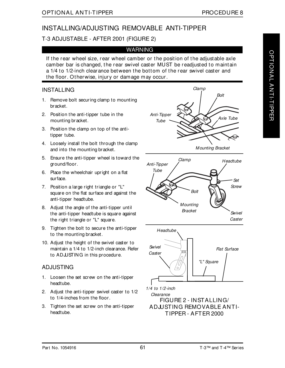 Invacare Top End T-3 manual INSTALLING/ADJUSTING Removable ANTI-TIPPER, Optional, Anti-Tipper 