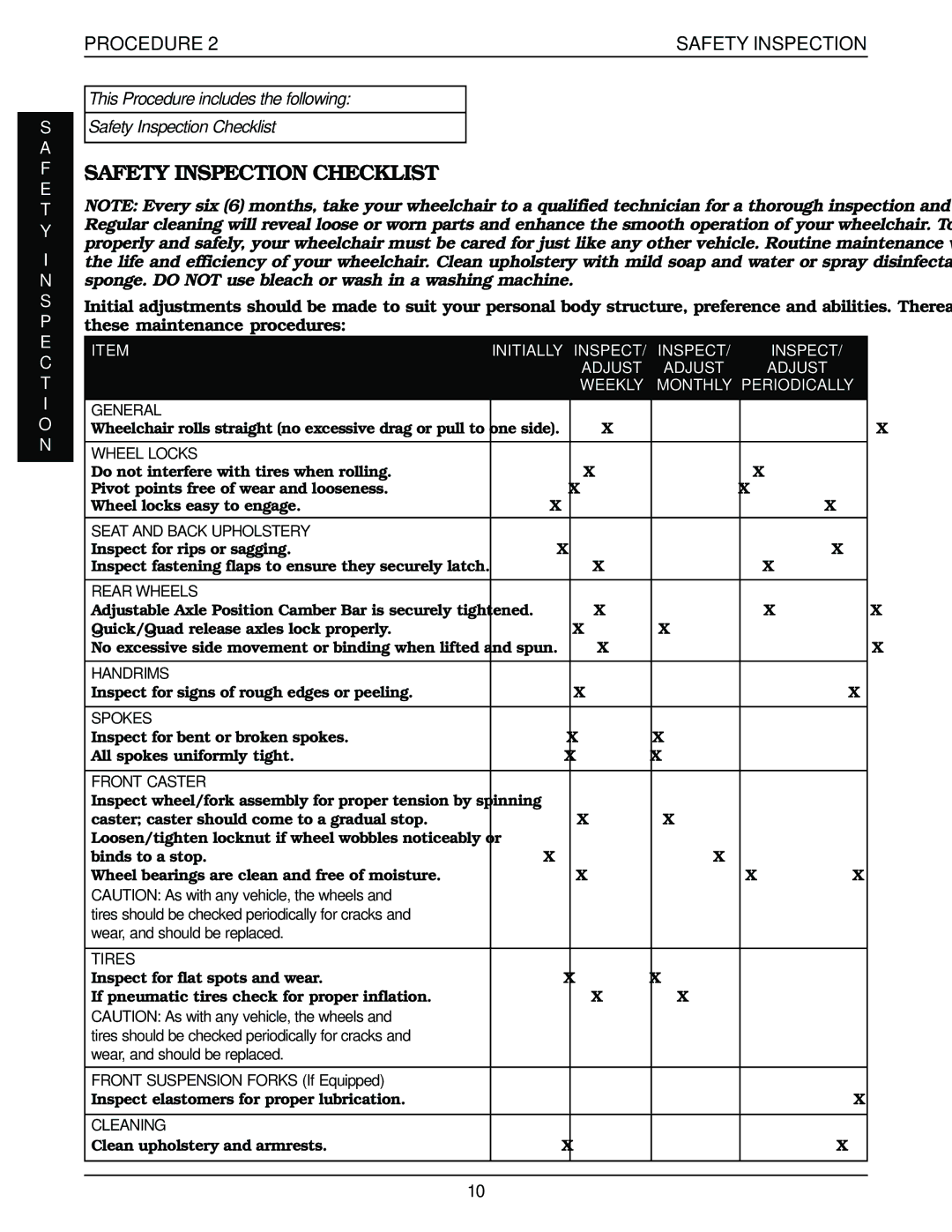 Invacare Top End Terminator Jr manual Safety Inspection Checklist, Initially Inspect Adjust Weekly Monthly Periodically 