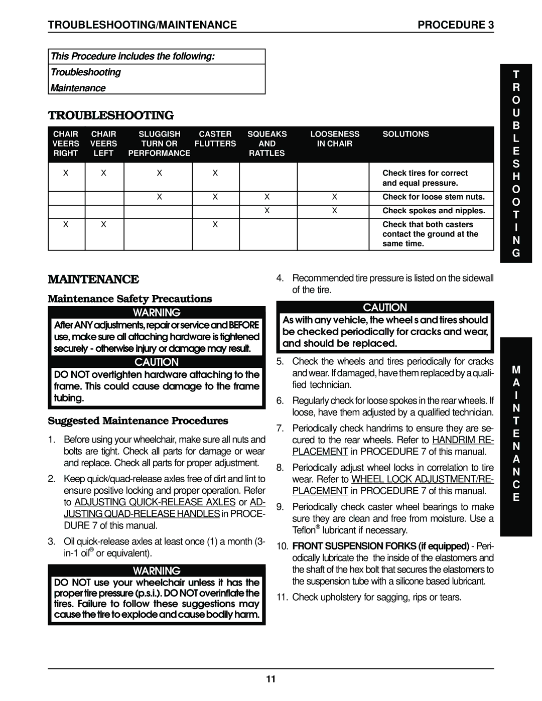 Invacare Top End Terminator Jr manual Troubleshooting, Maintenance Safety Precautions, Suggested Maintenance Procedures 