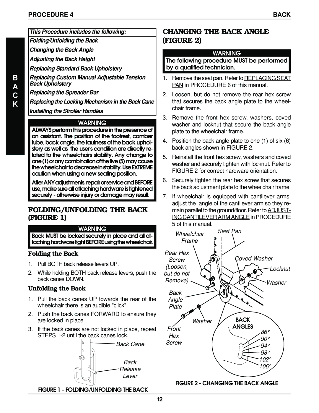 Invacare Top End Terminator Jr manual FOLDING/UNFOLDING the Back Figure, Changing the Back Angle Figure, Folding the Back 