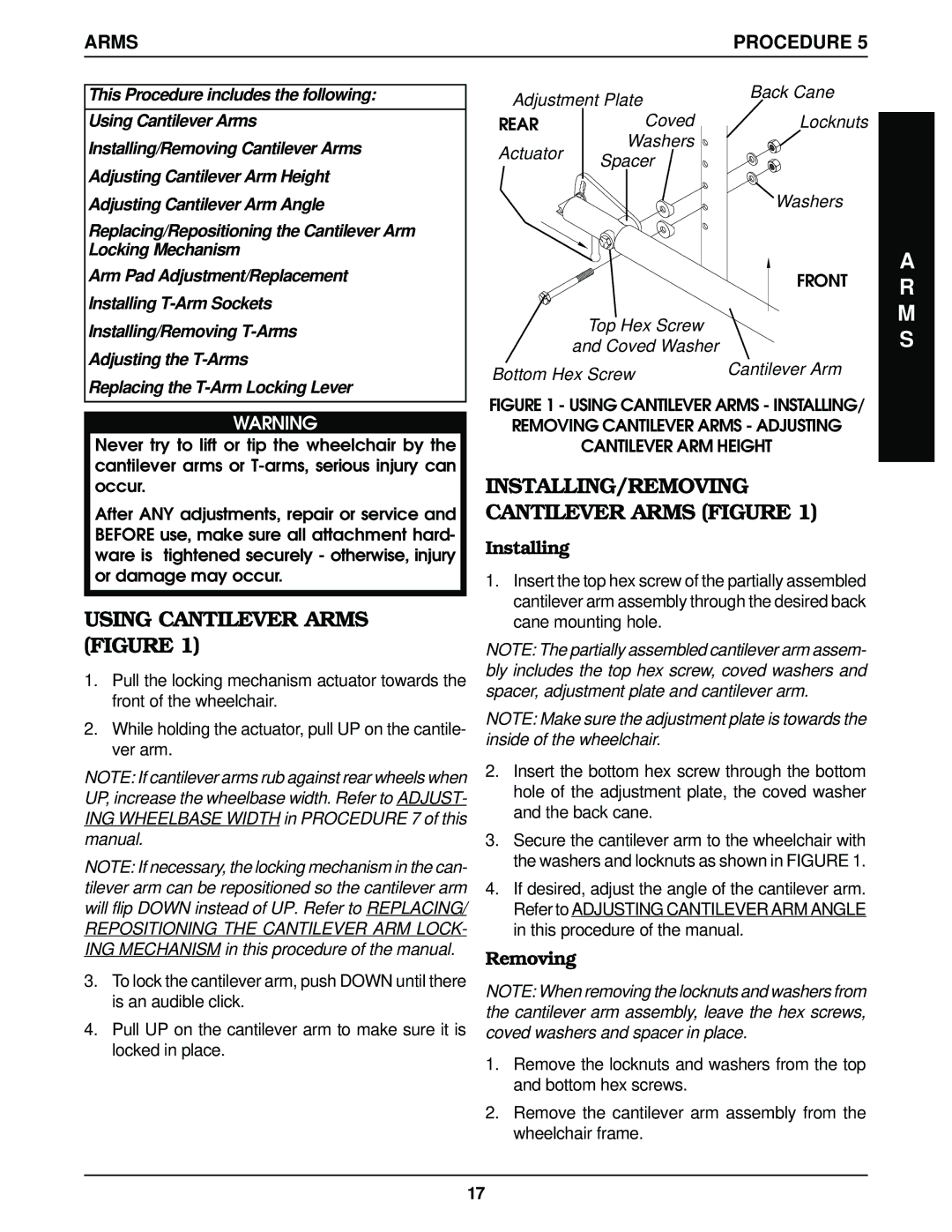 Invacare Top End Terminator Jr manual Using Cantilever Arms Figure, INSTALLING/REMOVING Cantilever Arms Figure, Installing 