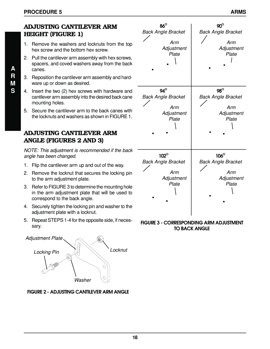 Invacare Top End Terminator Jr manual Adjusting Cantilever ARM Height Figure, Adjusting Cantilever ARM Angle Figures 2 