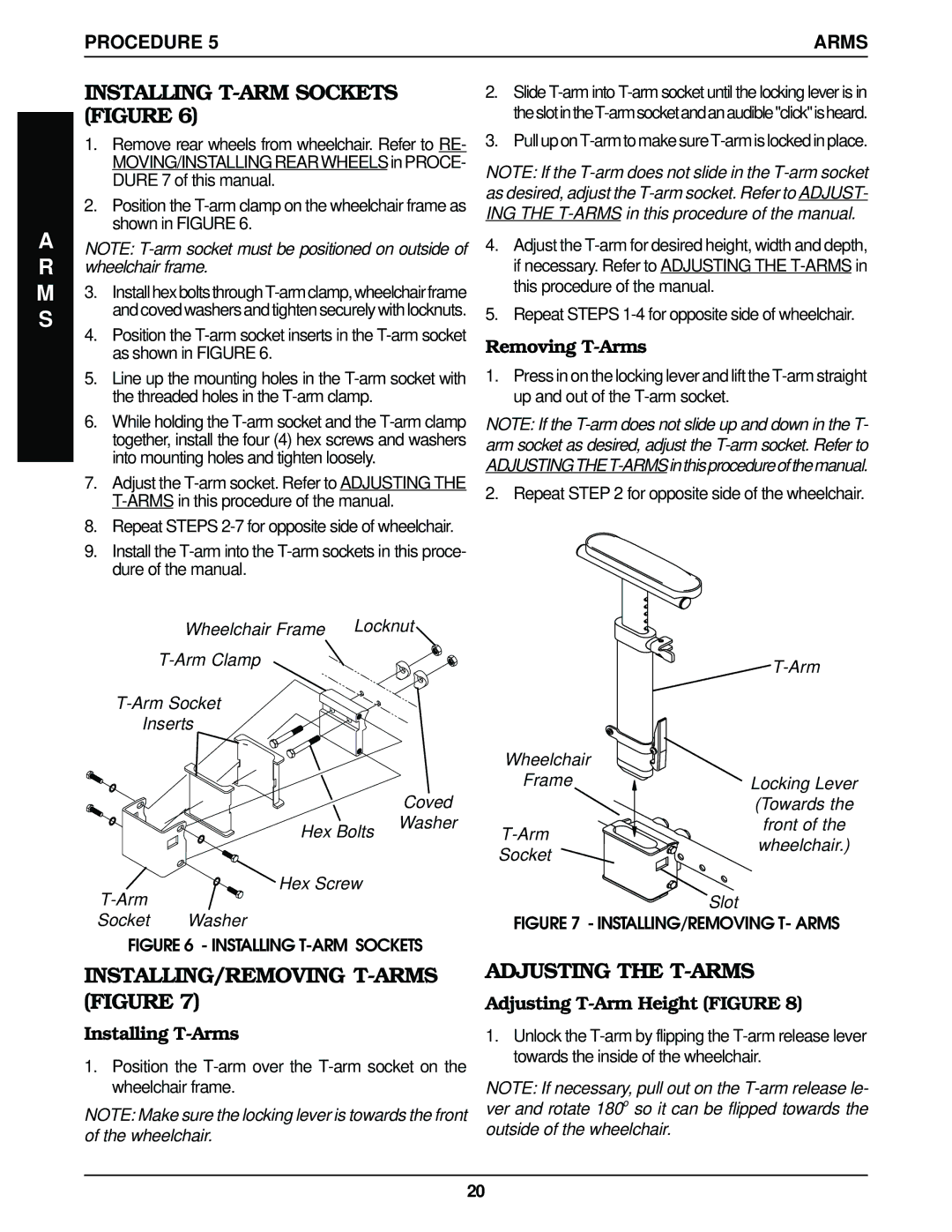 Invacare Top End Terminator Jr Installing T-ARM Sockets Figure, INSTALLING/REMOVING T-ARMS Figure, Adjusting the T-ARMS 